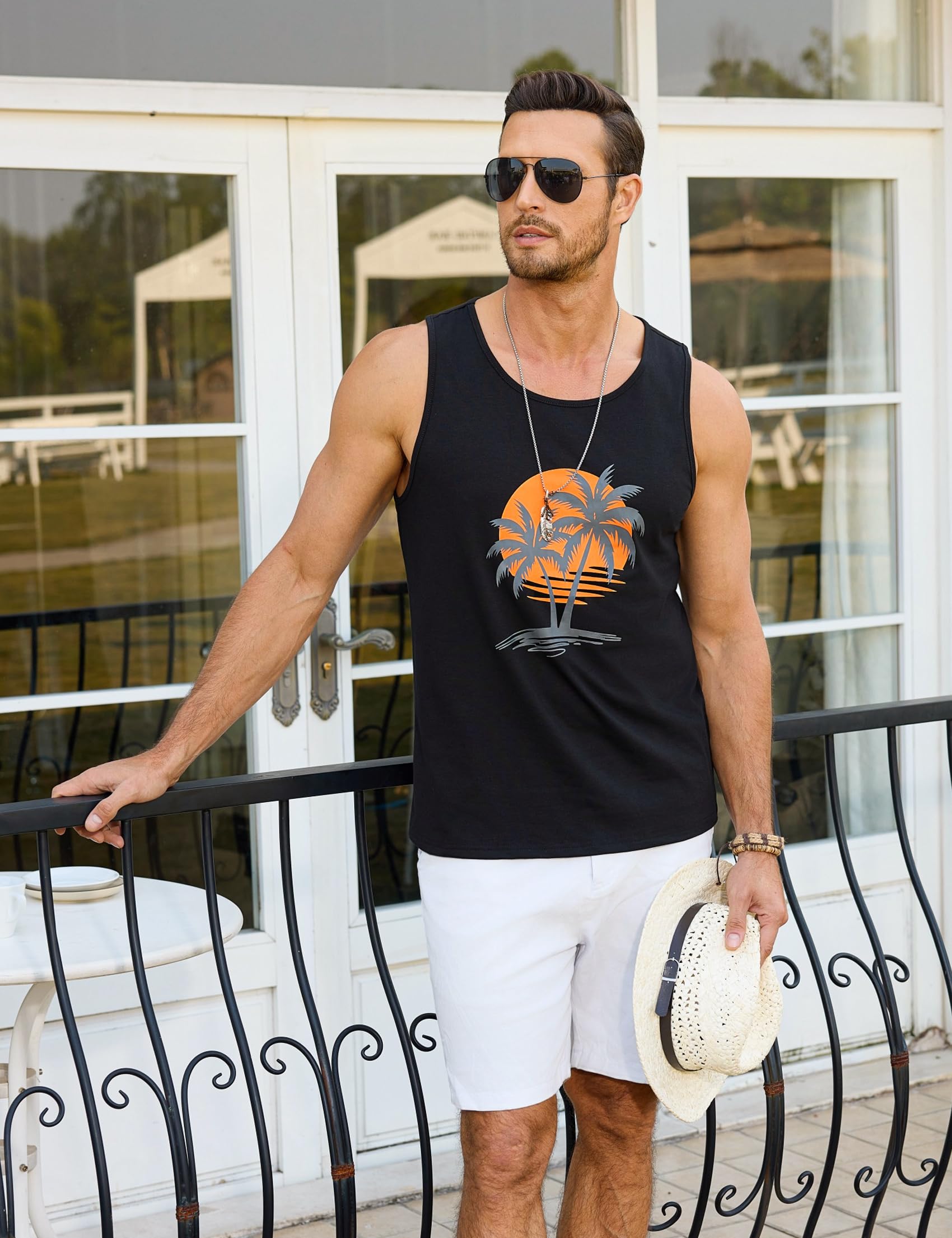 Terecey Camiseta Tirantes Hombre Verano con Estampado Playa Palm Beach Hawái Basic Tank Top Camisetas Playa sin Mangas Hombre para Correr Entrenamiento Gym