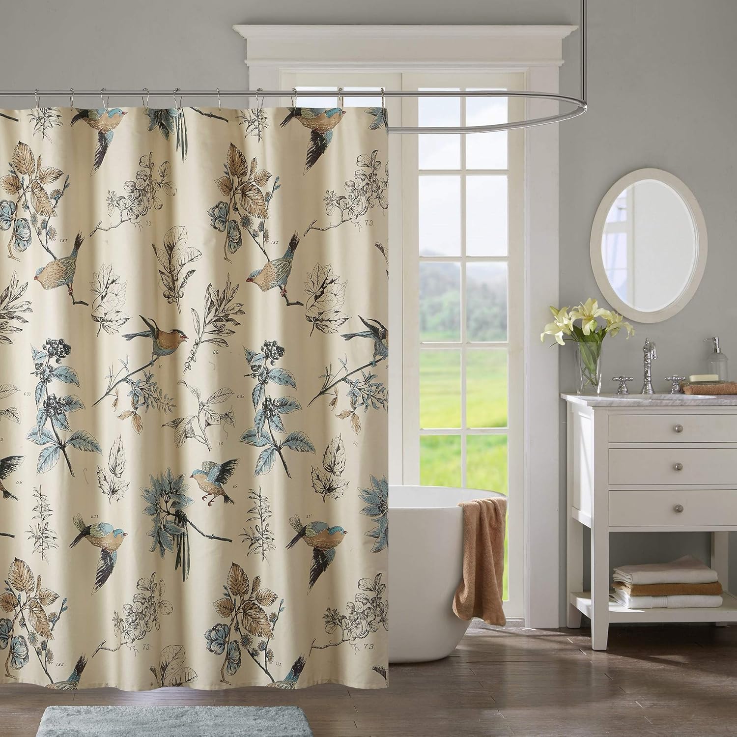 Mission Khaki Printed Cotton Shower Curtain Blue Brown Animal Print Floral Nature Farmhouse