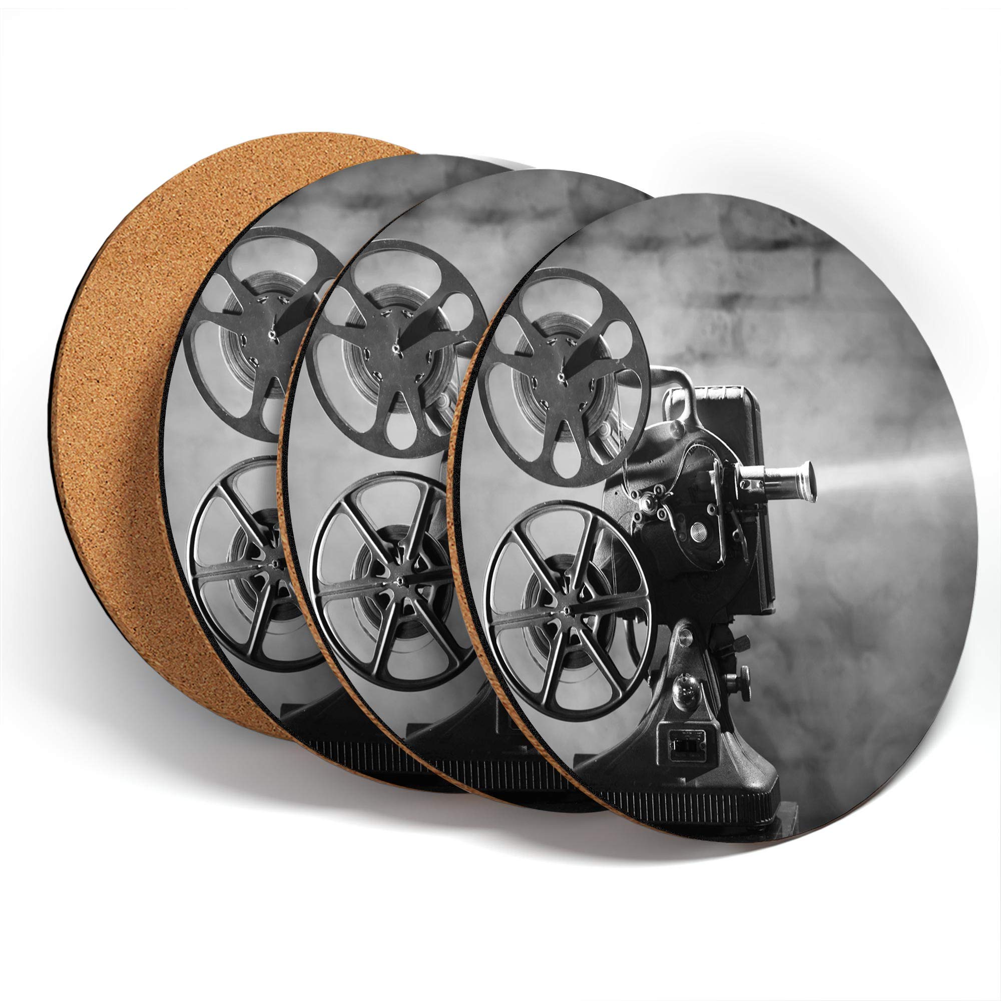 Destination Vinyl Ltd Multicolor Great Coasters (Set Of 4) Round - Bw - Vintage Old Movie Projector Films Cinema Drink Glossy Coasters/Tabletop Protection For Any Table Type #43727