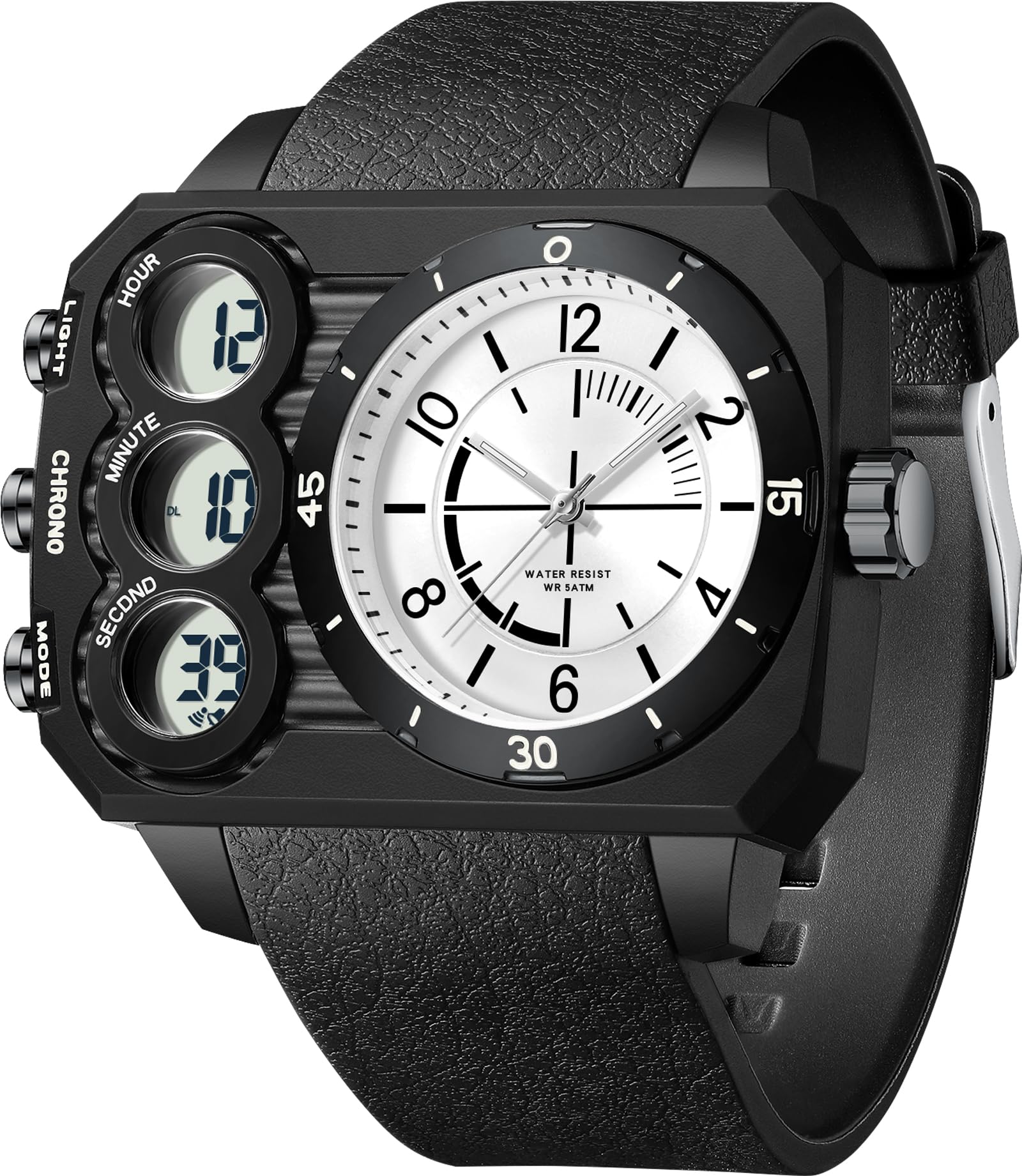 findtime Reloj analógico digital único para hombre, doble zona horaria, deportivo, al aire libre, cuadrado, grande, alarma, cronómetro, cuenta regresiva, LED, luminoso, negro y verde