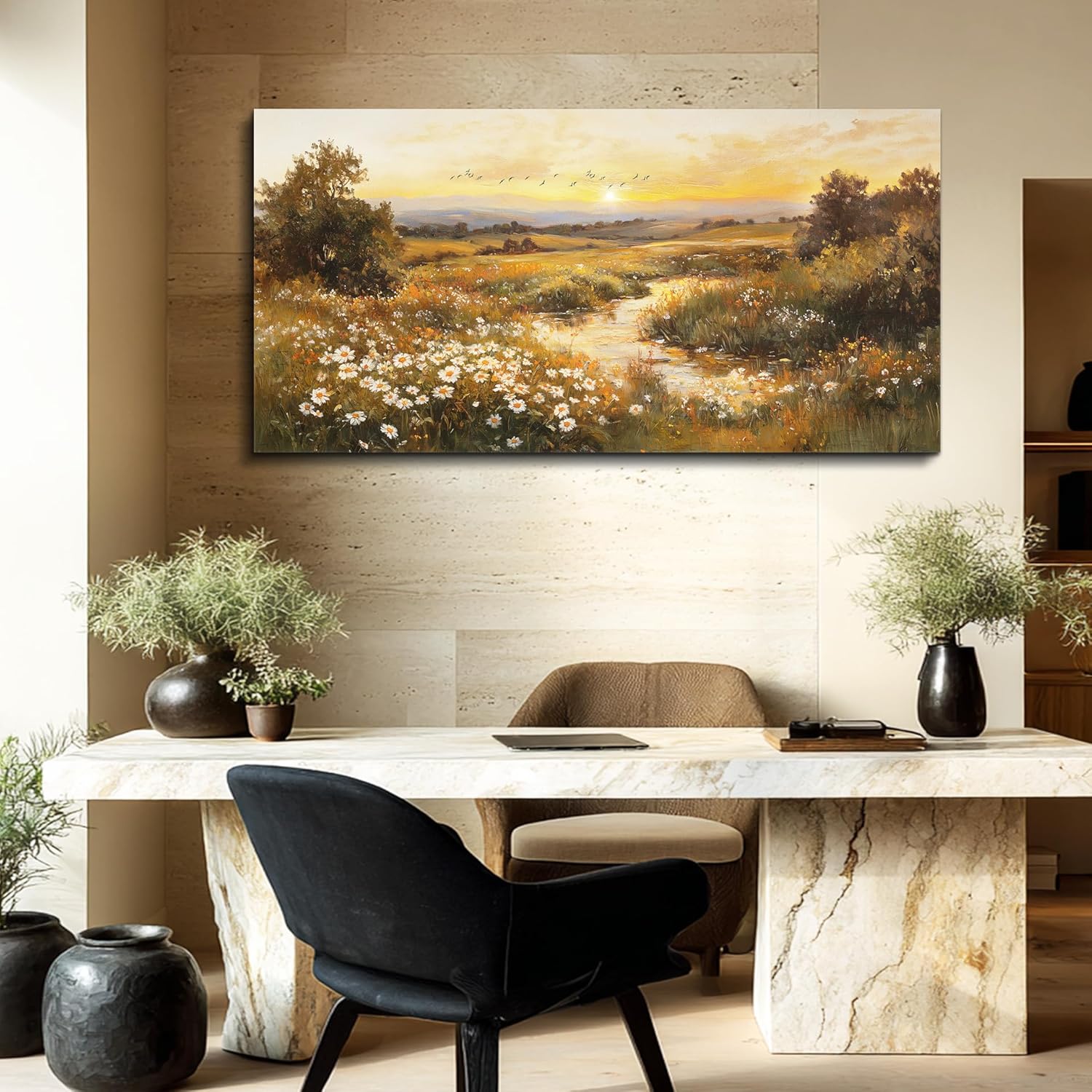 ZUITINGHUA Canvas Wall Art For Living Room Wall Decor For Bedroom Office Wall Decoration Sunset Landscape Painting Daisy Field Pictures Artwork Room Aesthetic Home Decor 20x40 In - Image 3