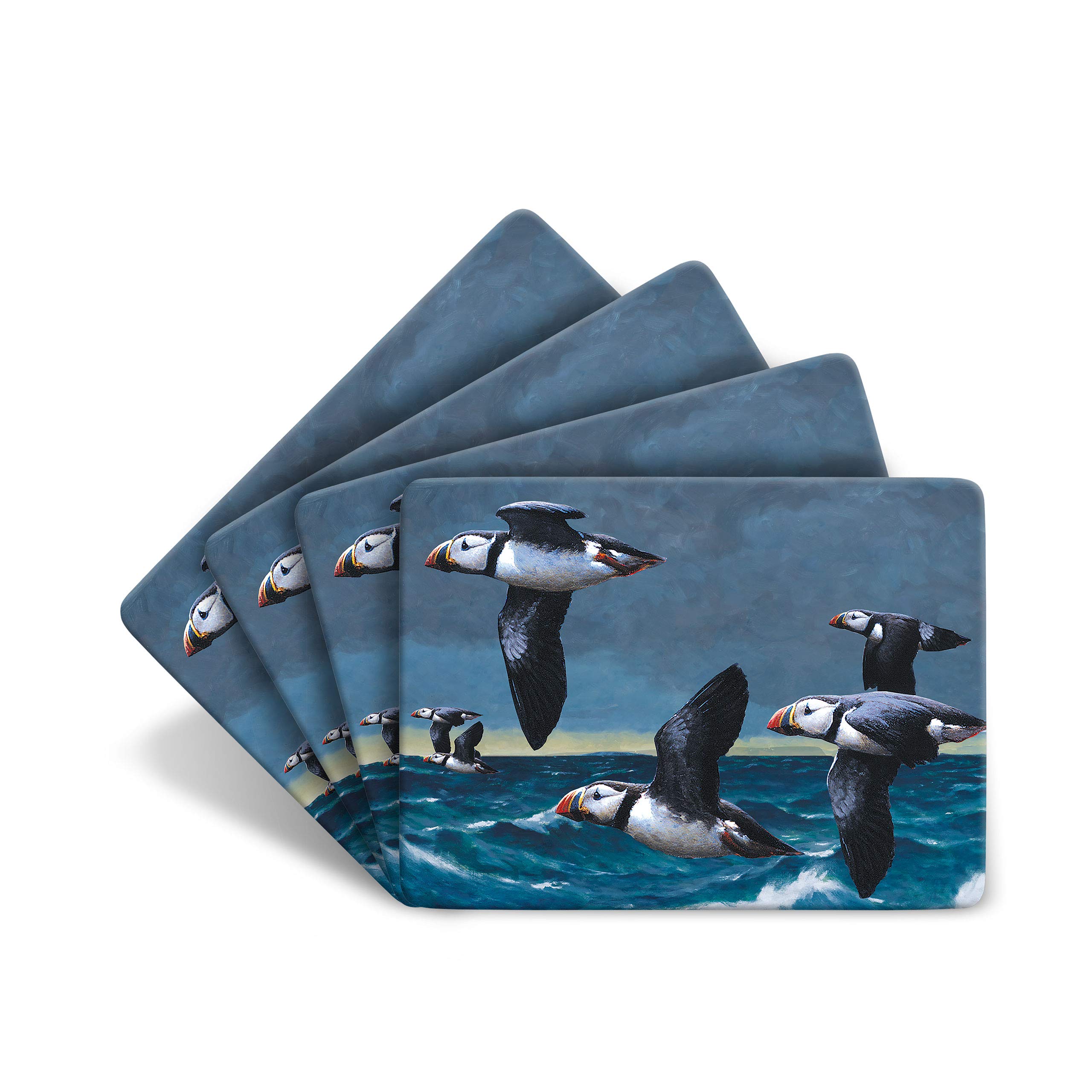 Julian Friers Black Puffins Flying Large Table Mats By Wildlife Artist Set Of 4 - Non-Slip - Cork-Backed Placemat Set