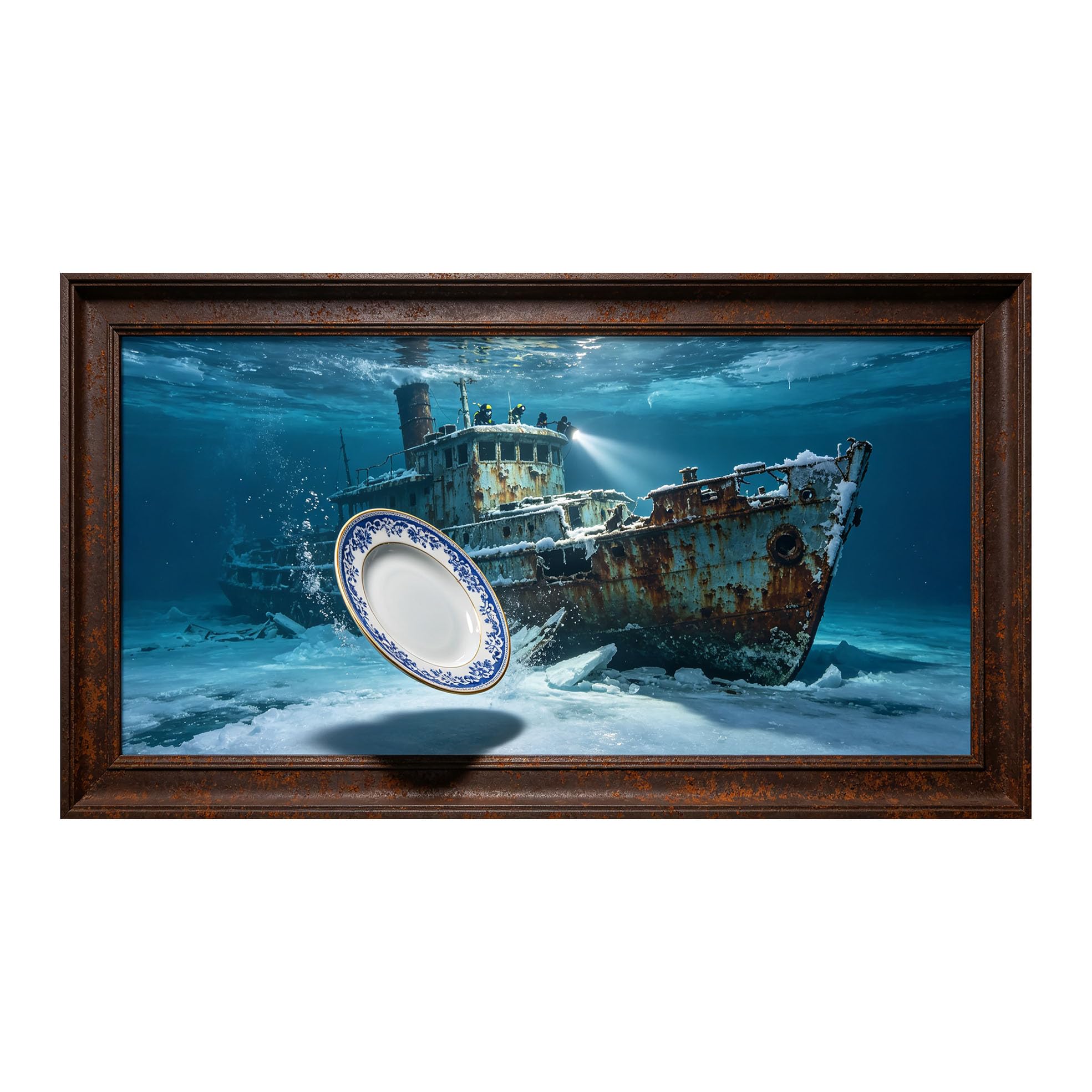 Yzpallescene 3D Framed Wall Art 50cm×100cm Underwater Shipwreck Marine Exploration Trompe L'oeil Large Size SelfAdhesive Removable Wall Decor Prints Artwork for Living Room Bedroom Office