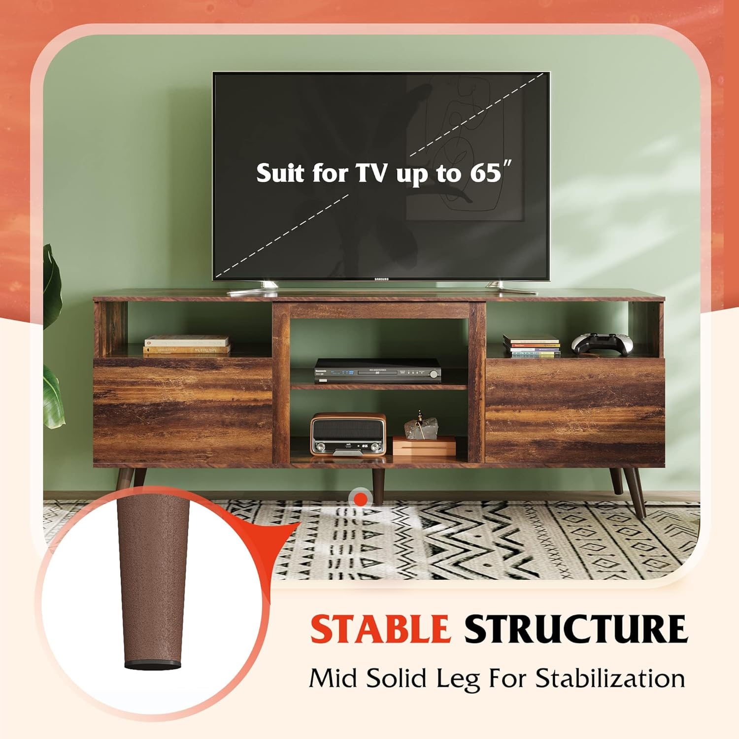 WLIVE Mid-Century Modern TV Stand for 55 60 65 Inch TV, Entertainment Center with Extra Open Shelf & Storage Cabinets, Media TV Console for Living Room Bedroom Office, Retro Brown