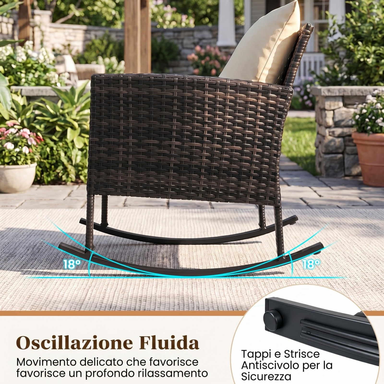COSTWAY Set Salotto da Giardino in Rattan, Set Mobili da Eterno con 2 Poltrone a Dondolo, Tavolino in Vetro Temperato e Comodi Cuscini con Fodera Lavabile per Cortile e Balcone (Beige)