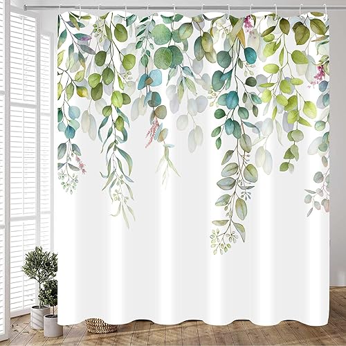 Miniatura 3 de Cortina de ducha extra larga de eucalipto verde de 84 pulgadas, cortinas de ducha de baño con hojas de plantas de acuarela verde azulado, tela