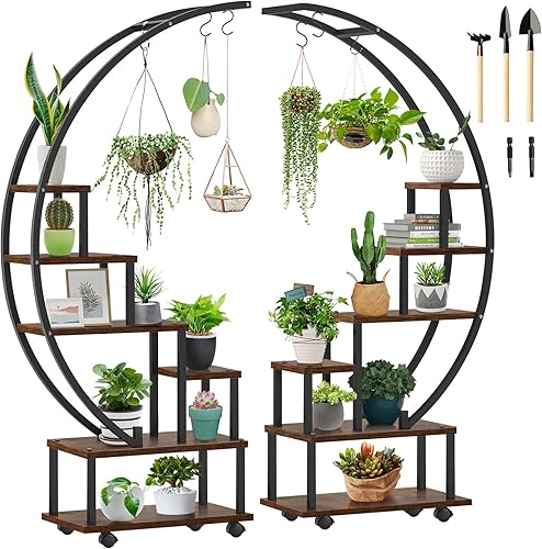 Seeutek 2 soportes de metal de 6 niveles altos para plantas de interior con lazo para colgar, soporte de estante de escalera en forma de media luna,