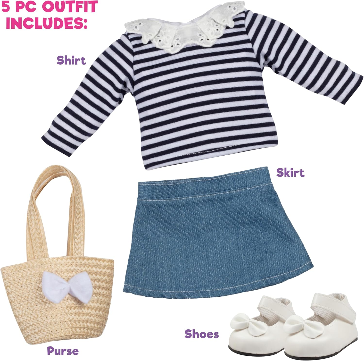 Dress Along Dolly Casual Spring Preppy Doll Outfit for 18" Dolls - Compatible w American Girl- Premium Handmade Clothes -4 Pc Set Includes Shirt, Skirt, Shoes, & Purse for Girls