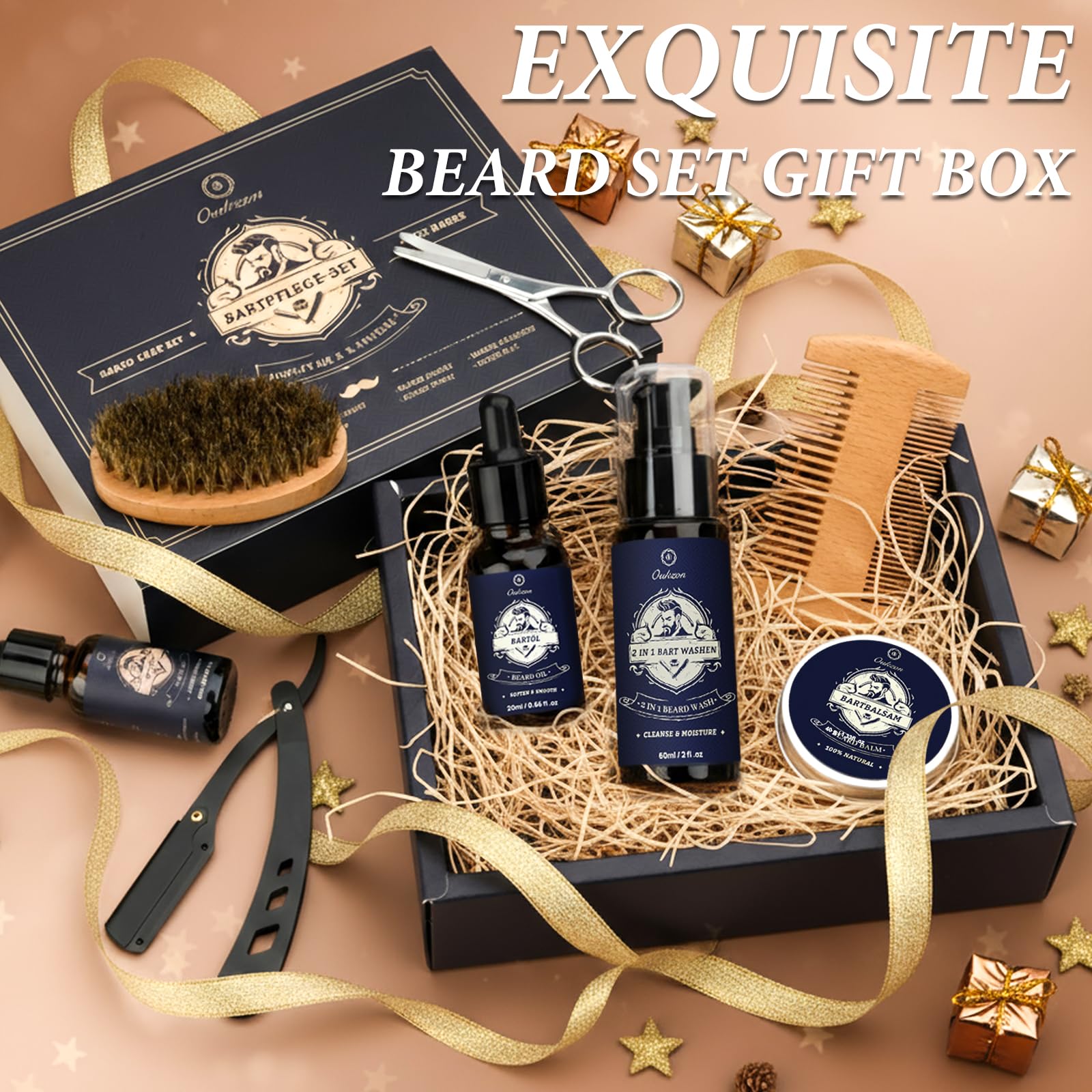 Oukzon Kit Barbe Homme, 10 en 1 Soin Barbe Homme, Coffret Barbe Homme avec Shampoing Barbe, Huile Barbe, Baume Barbe, Peigne Barbe, Brosse Barbe, Rasoir de Sureté, Ciseaux, Cadeau Homme