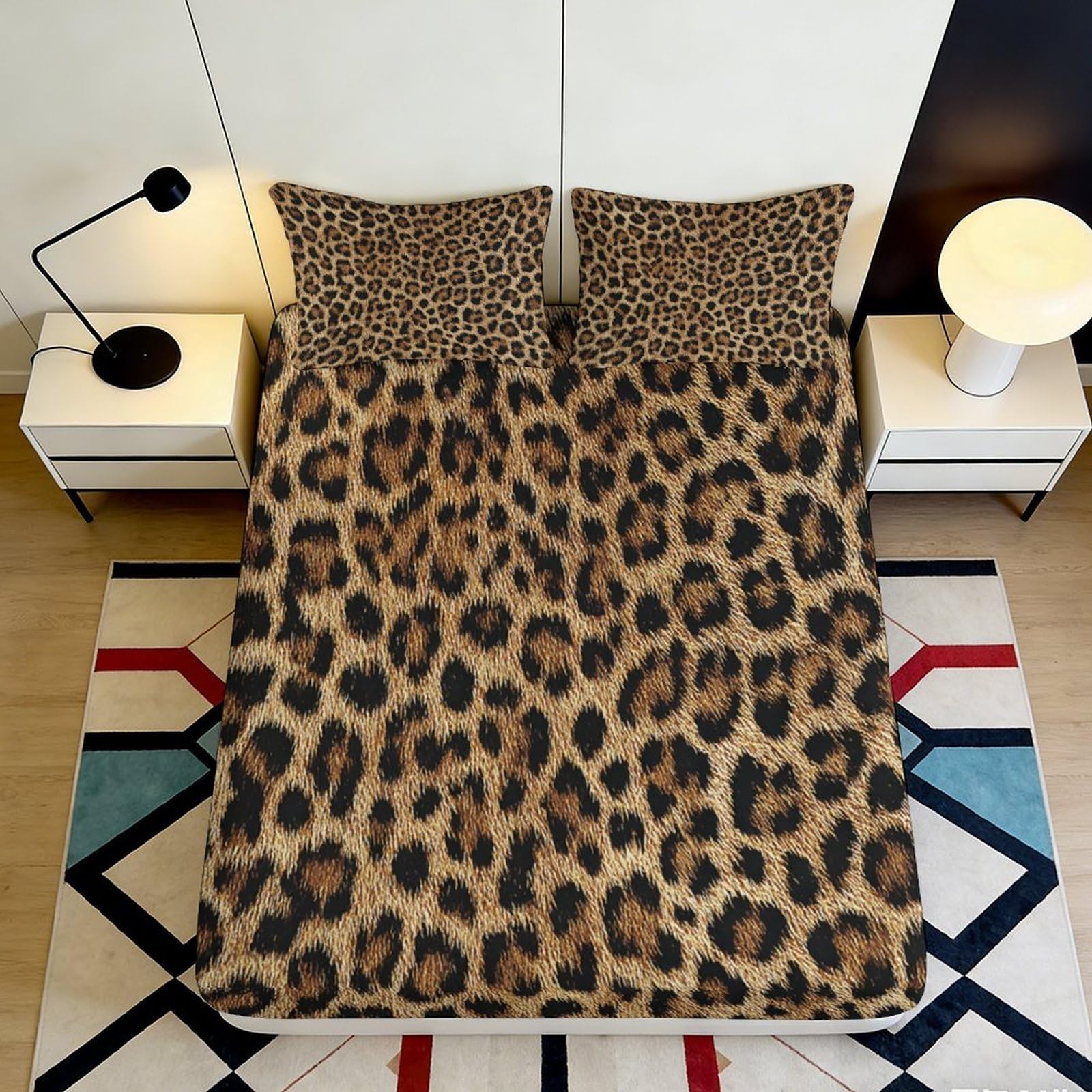 3D Printed Leopard Pattern Fitted Sheet Microfiber Soft Breathable Cheetah Bed Cover for Bedroom Guest Room Decor 90x200x25cm