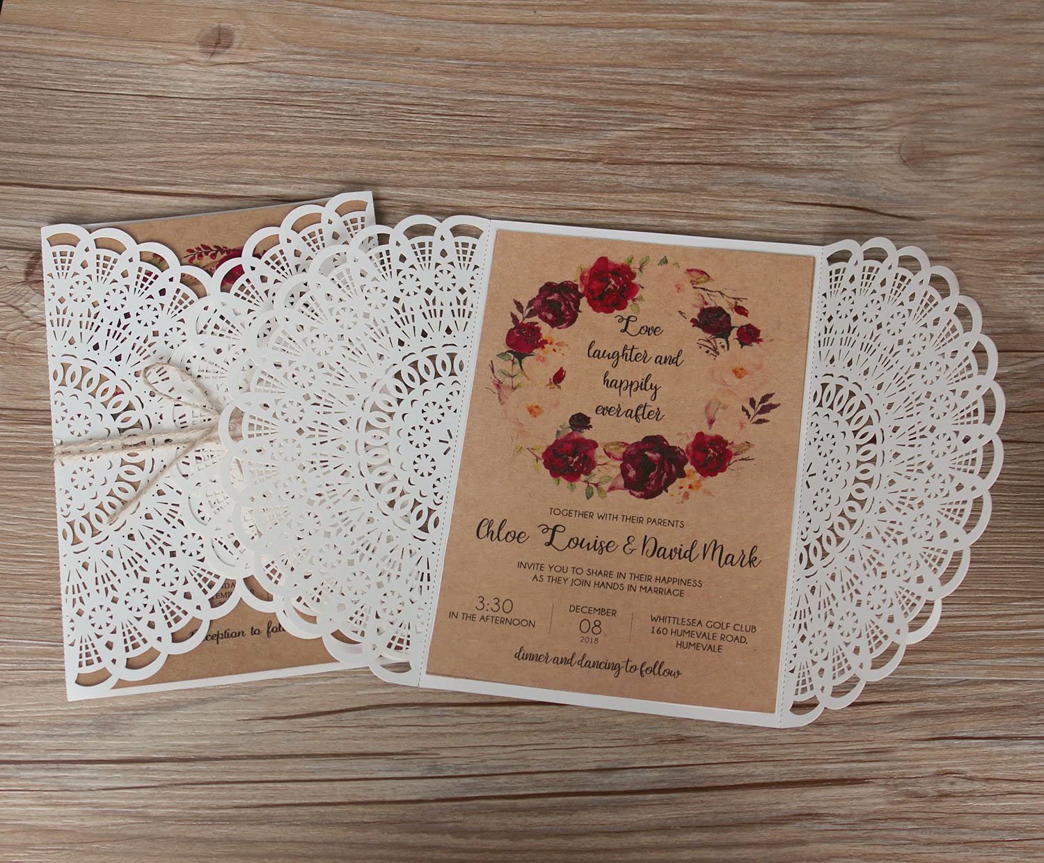 Laser-geschnittene Hochzeitseinladungen Set Rustikale Hochzeitseinladungen mit RSVP Karten und Umschlägen, 125 x 185 mm, 50 Stück