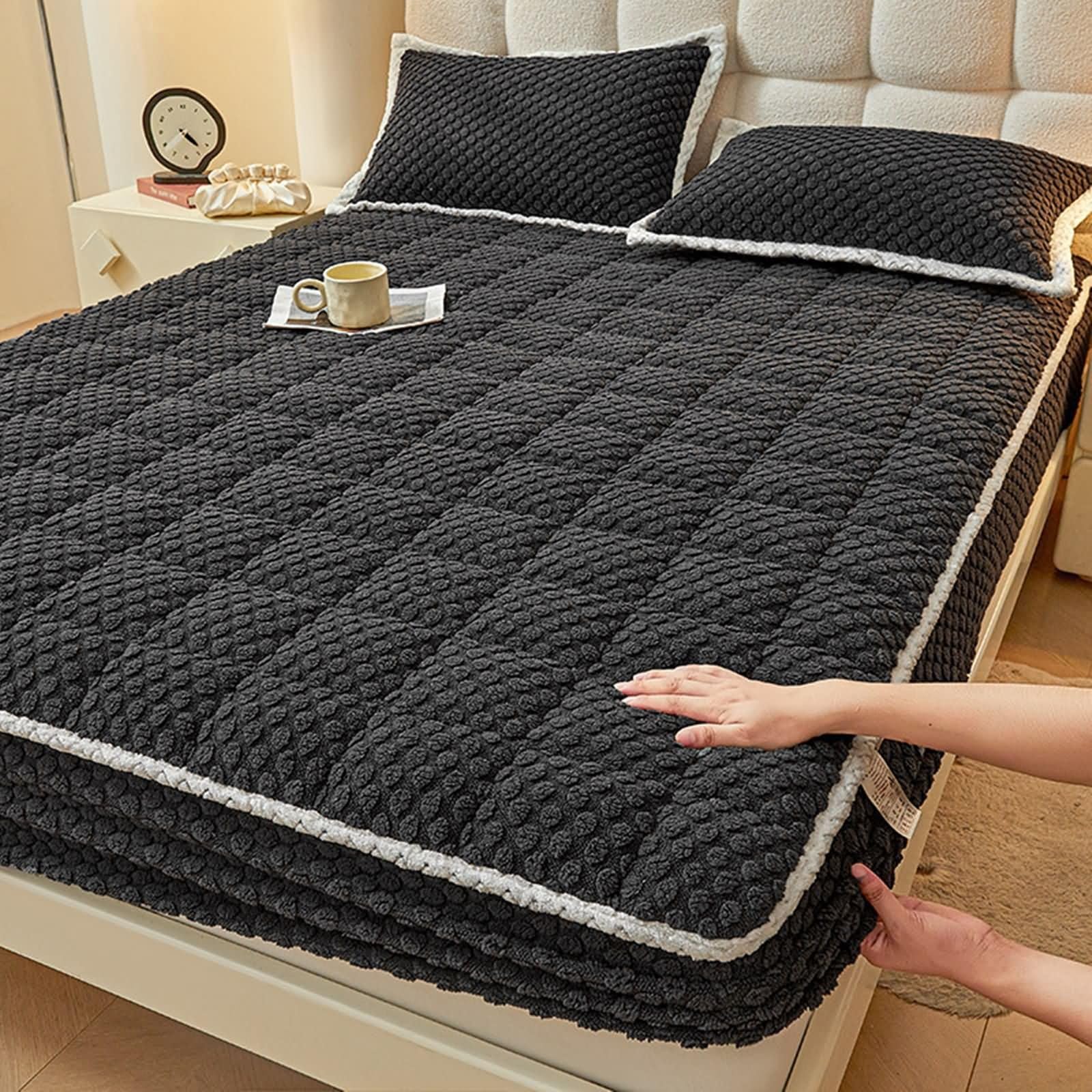 Sábana bajera ajustable de franela de 200 x 220 cm, color liso, cálido, jacquard, sin funda de almohada, color negro, altura del colchón hasta 5-30 cm
