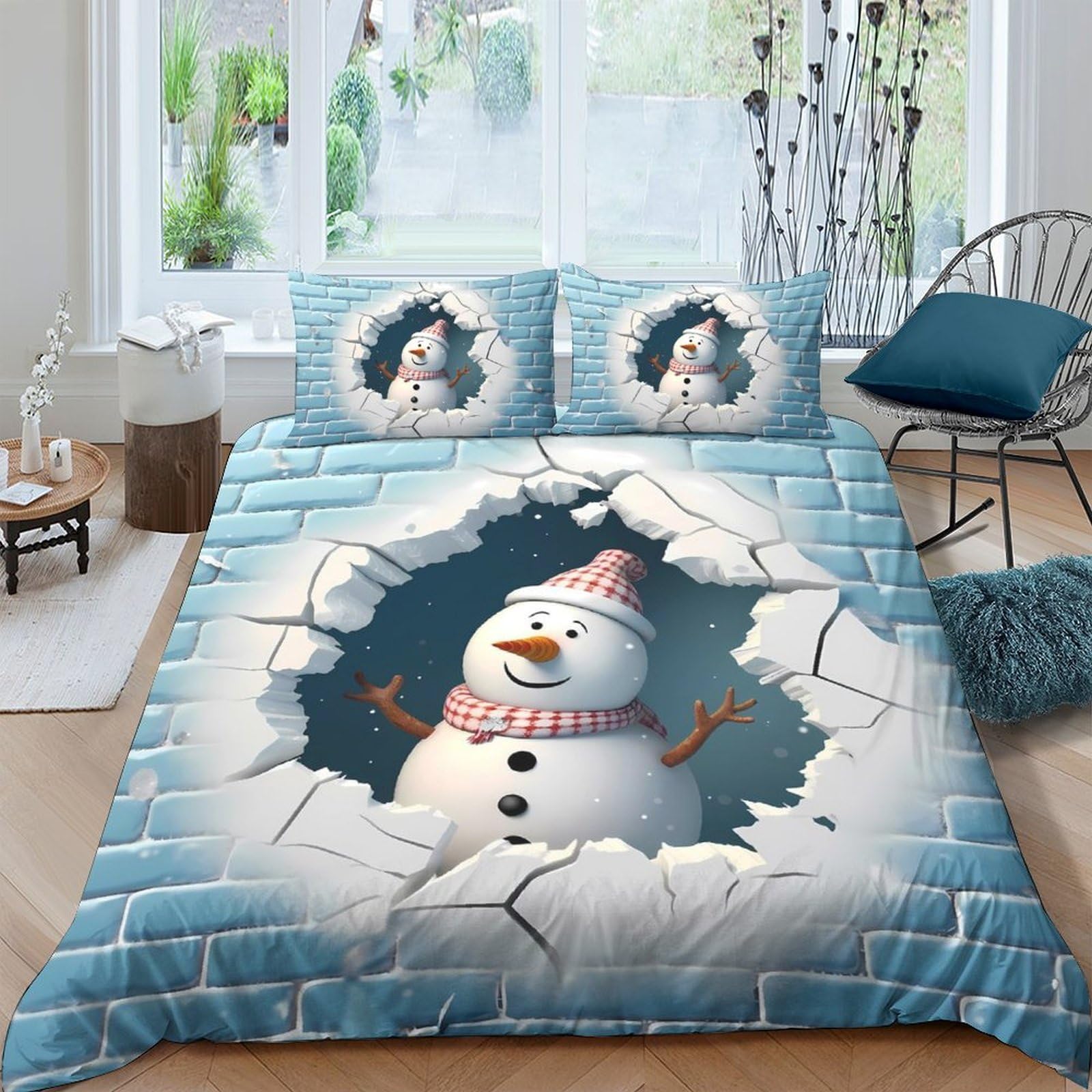 Ctjqhvkz Style-2 3D Printed Snowman Brick Wall Fitted Sheet Microfiber Soft Blue Cartoon Bed Cover For Bedroom Guest Room Decor Single（135X200cm）