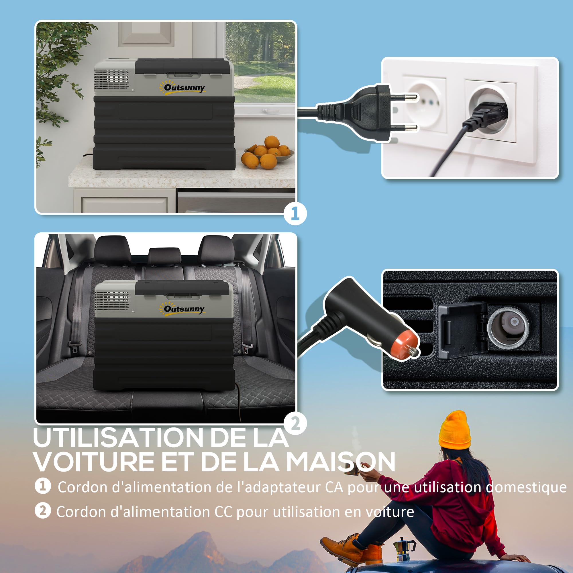 Outsunny Glacière électrique à compression 56L, glacière voiture portable 12/24V et 100V-240V, modes ECO/MAX, tige télescopique et roulettes, pour maison, camion, camping, camionnette, bateau, noir
