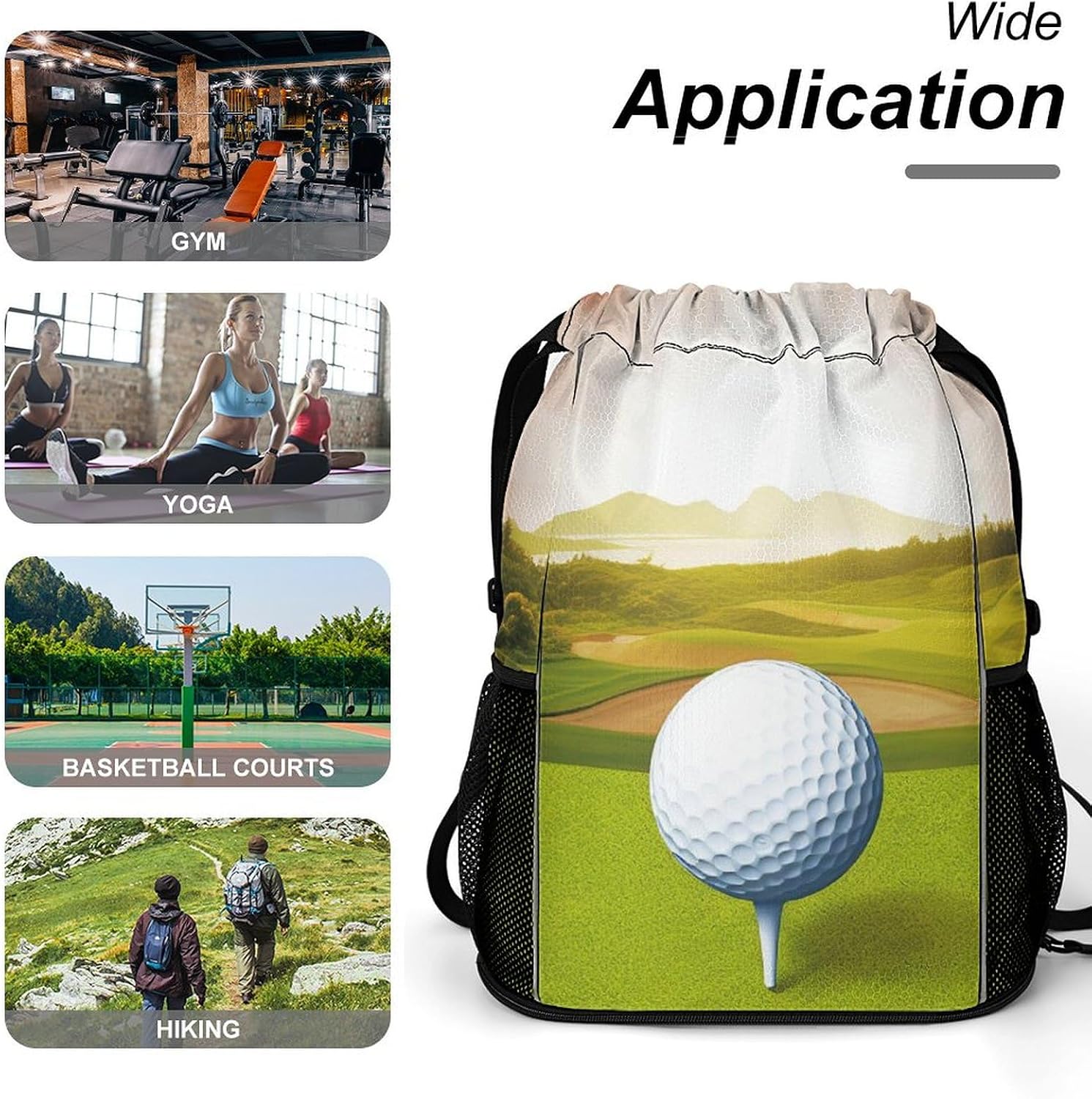 Golf Sport Drawstring Backpack with Shoes Compartment Sports Cinch Sack Beach Swim Gym Bag Durable Water Resistant Drawstring Bag for Men Women