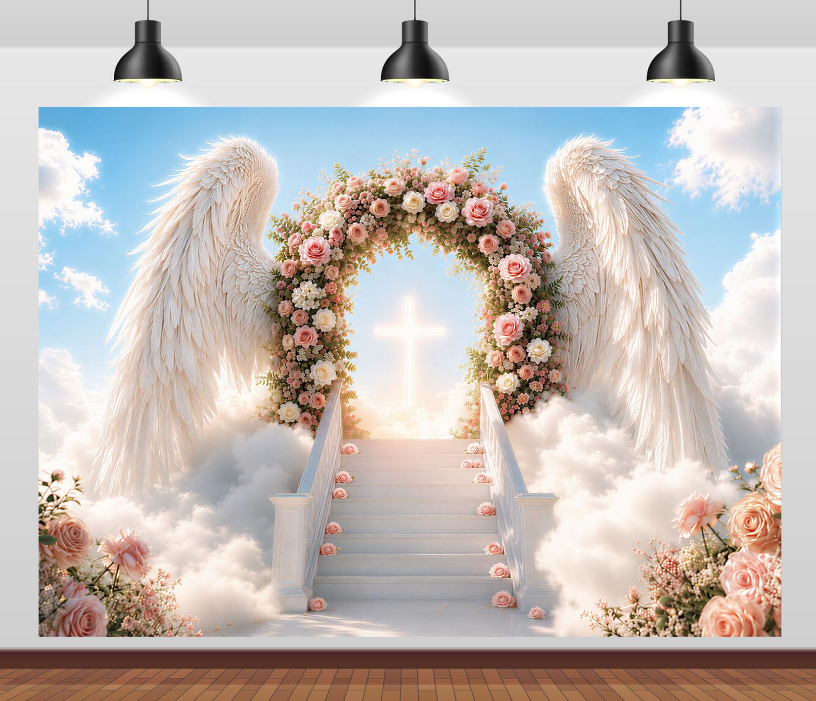 15x10FT (4.6x3m) Portale Celeste Di Rose E Ali Sfondo Fotografico | Arco Pastello Nuvoloso Fondale In Tessuto,Ali Bianche Croce E Scala Fiorita,Feste Di Battesimo,Personalizzabile,Photo Booth