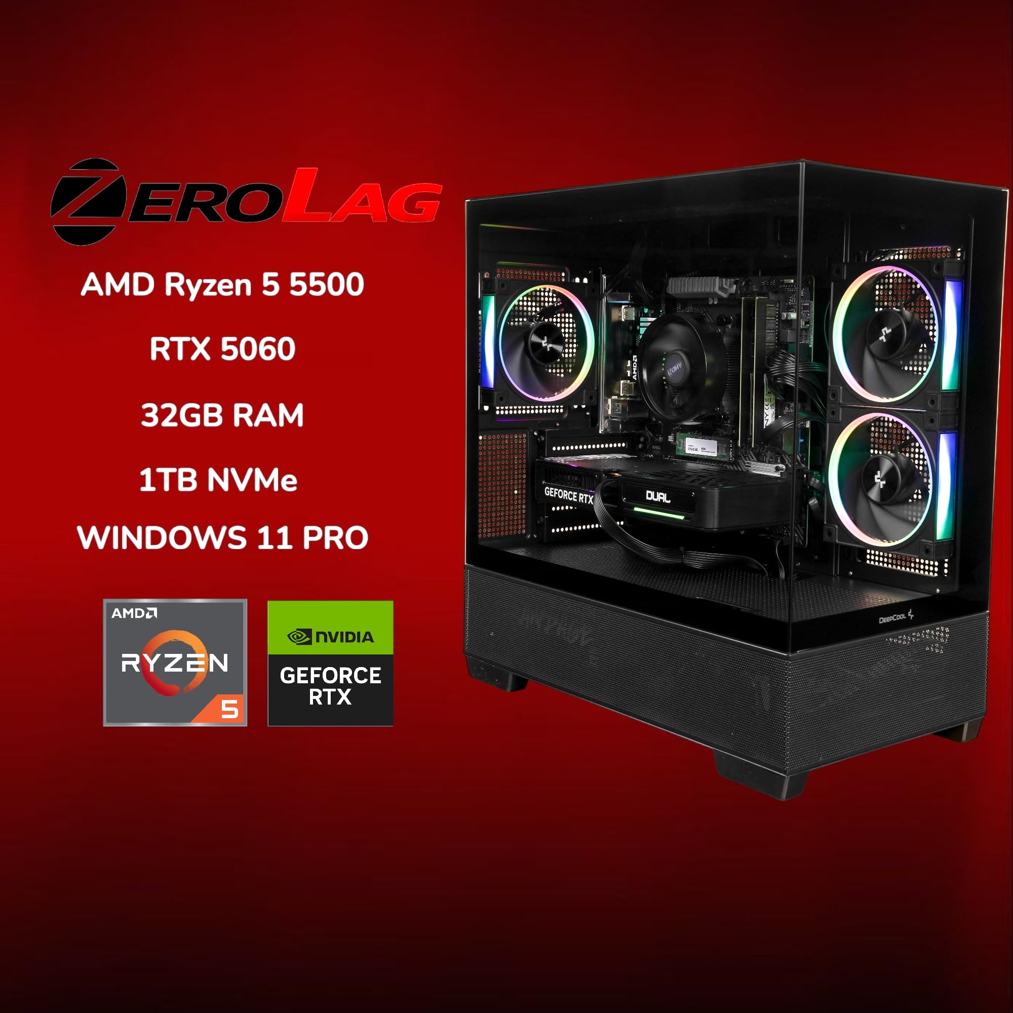 ZeroLag AZ Gaming PC - AMD Ryzen 5 5500, Nvidia RTX 5060, 32GB DDR4 RAM, 1TB NVMe SSD, 80+ PSU, Wi-Fi/Bluetooth, Windows 11 Pro, DeepCool ARGB Case with USB-C - 2