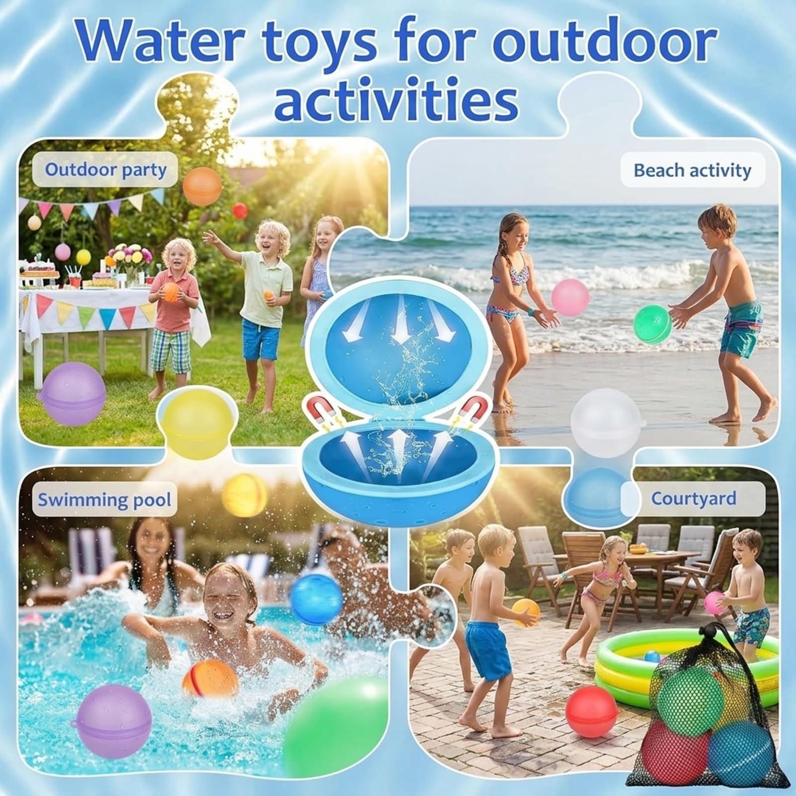 Wiederverwendbare Wasserbomben mit Netzbeutel, 16 Stück Silikon Wasserbomben Selbstschließend,Magnetisch, Wiederverwendba für Wasserspielzeug Pool Spielzeug Strandspielzeug,für Kinder & Erwachsene