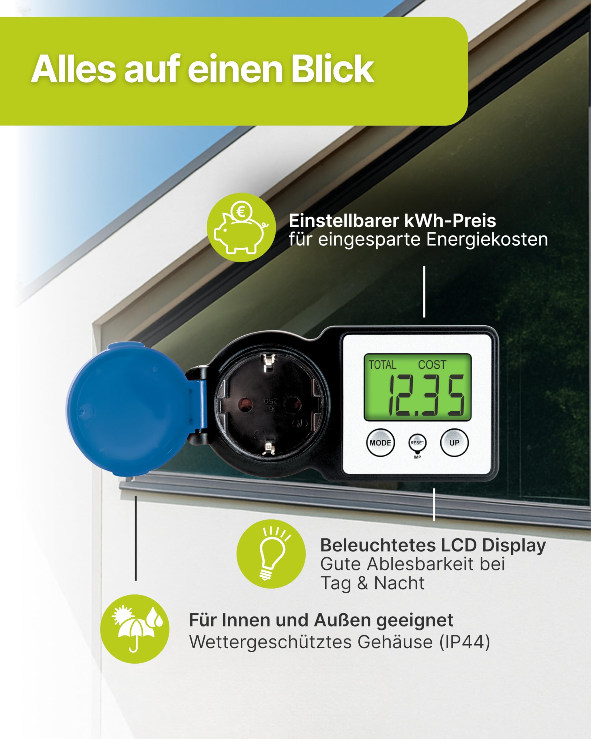 SCHWAIGER Energiekostenmessgerät & Einspeisemessgerät I Outdoor geeignet & beleuchtet I Stromzähler für die Steckdose I Strommessgerät zur Ermittlung des Stromverbrauchs & der Einspeisung
