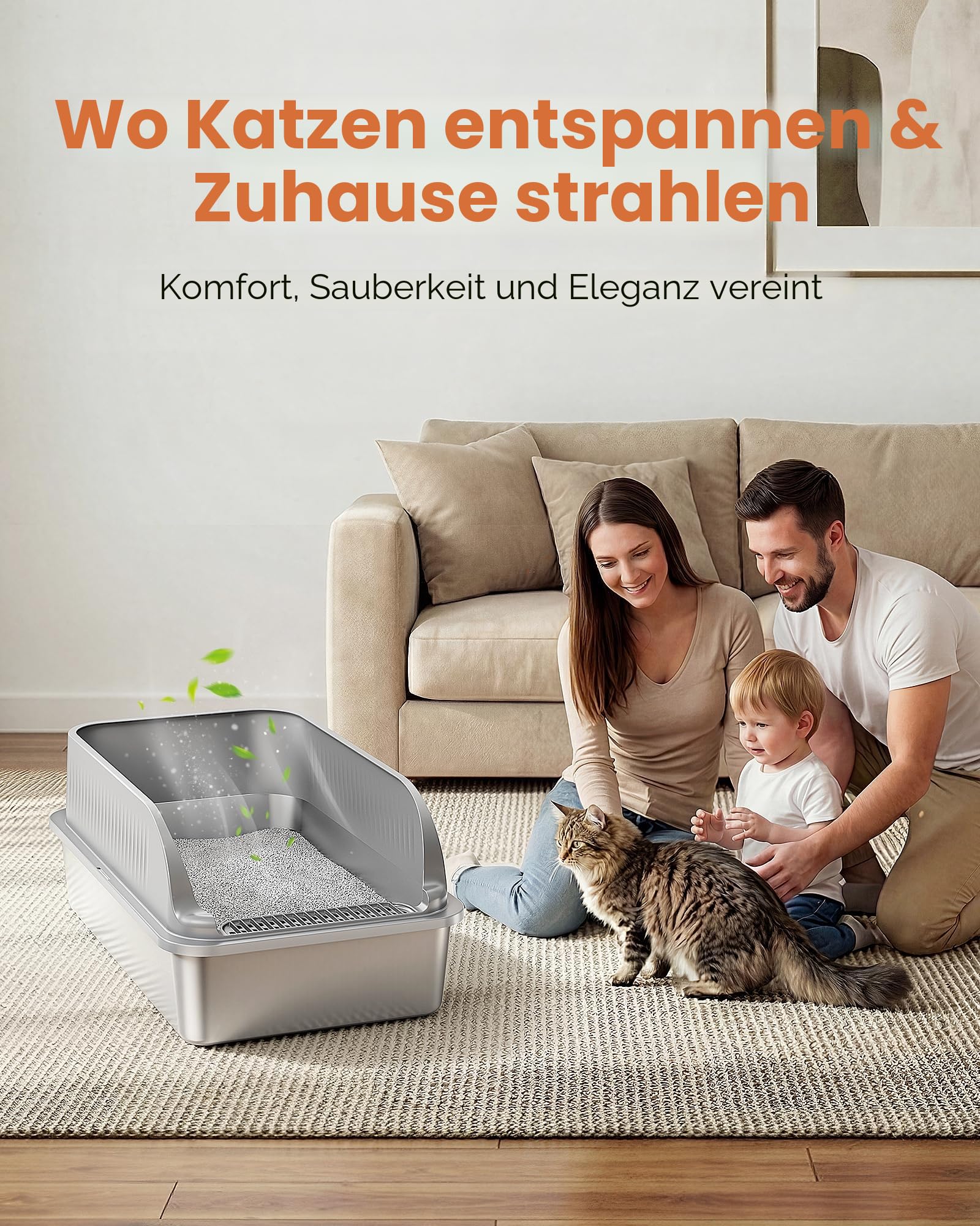 Katzenklo Edelstahl, Katzentoilette Groß XXL mit Schaufel, Katzenklo mit Abnehmbares Hoher Rand, Halbgeschlossene Katzentoilette Metall für Katzen, Geruchsfrei, Leicht zu Reinigen, Hellgrau