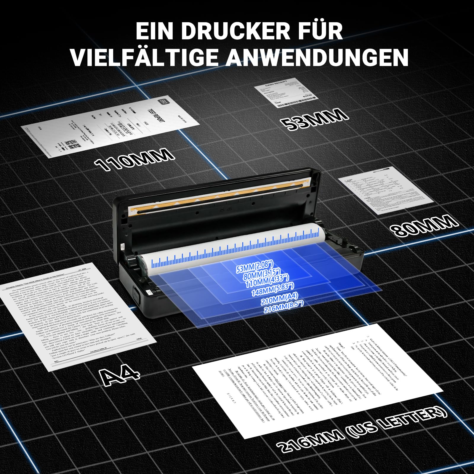 Tragbare Thermodrucker A4, Bluetooth Mobiler Drucker für Hause, Foto, Wireless Thermal Printer Kleine Kabelloser Drucker Kompatibel mit iOS, Android Smartphone, Tablet & Laptop