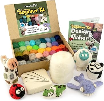 Woolbuddy Needle Felting Starter Kit Make 6 Cute CharactersYeti, Giraffe, Panda, Ladybug, Whale, Gator Complete Kit for Beginners & Adults with Wool Roving,Felting Needles,Pad & Instruction Guide