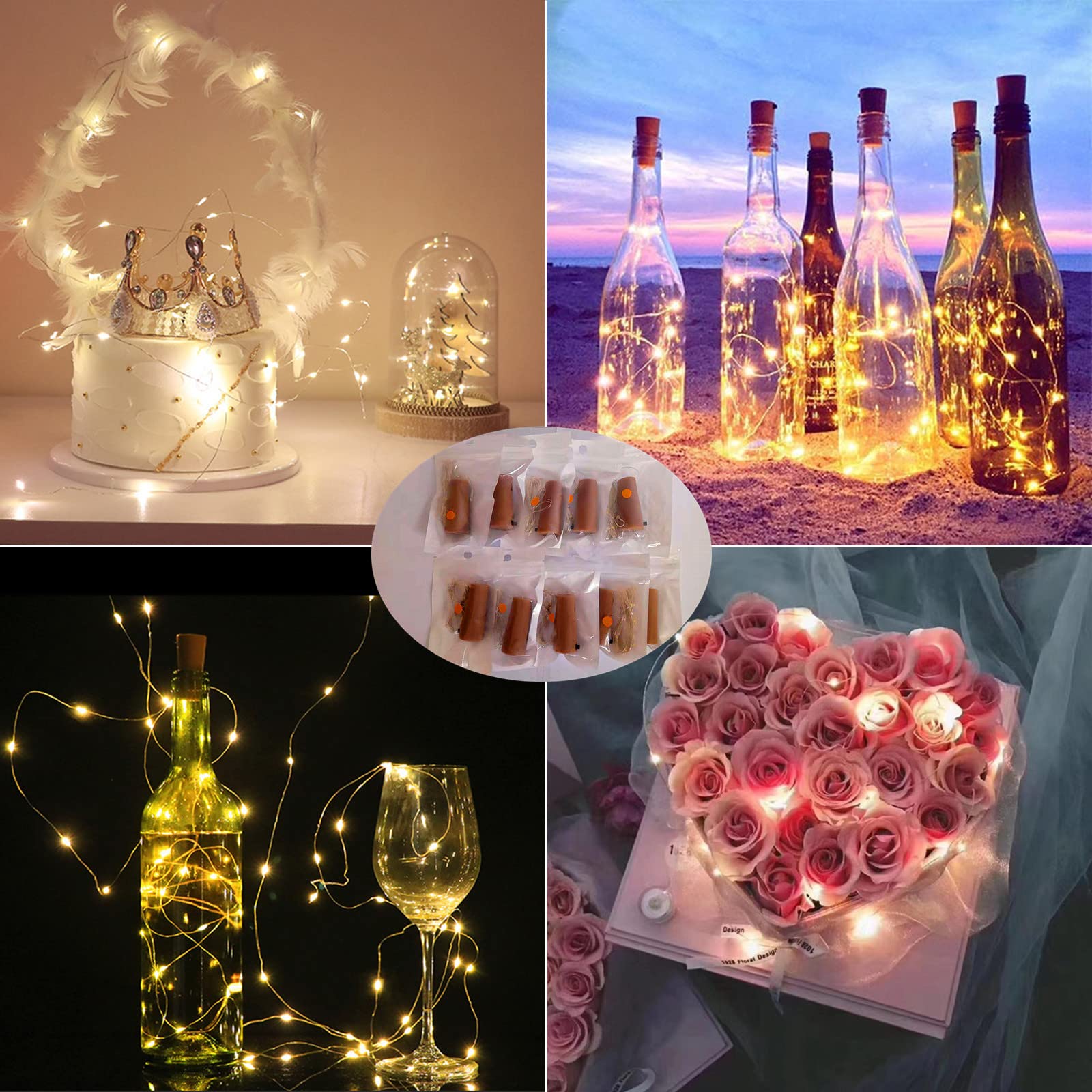 LED Flaschen-Lichterkette 10er Set – Warmweiß, Je 2m Lang, Mit 20 LEDs & Korken, Wasserdicht