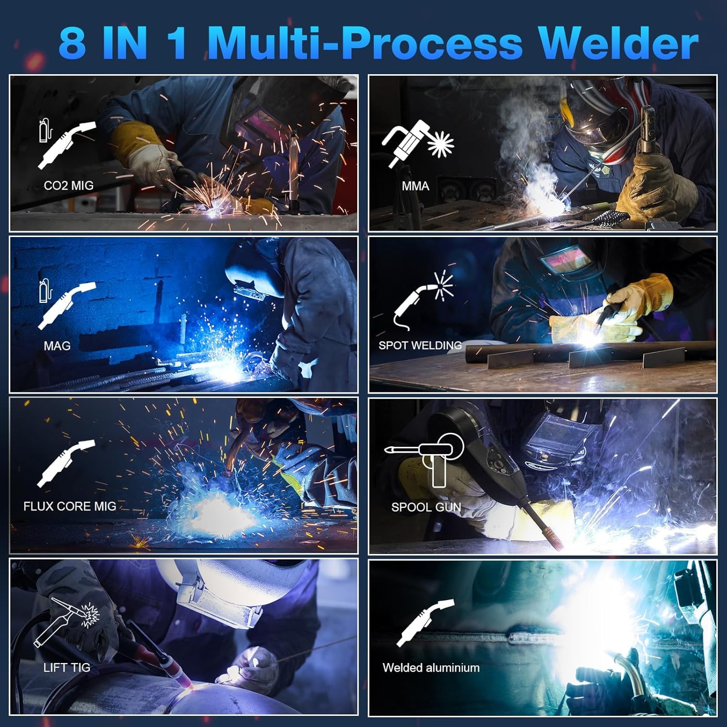 Soldador MIG de 250 A con antorcha TIG incluida 120V/240V RBM2500 PRO, máquina de soldadura multiproceso 8 en 1 con modos de soldadura duales de aluminio Gas MIG/Gasless Flux Core/MAG/Lift TIG/Stick