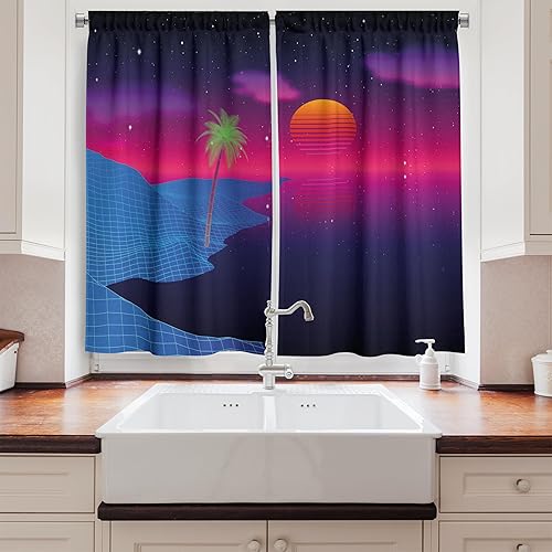 Miniatura 2 de Ambesonne Synthwave Kitchen Curtains, Colorful Abstract Retrowave Beach with Palm and Dusk Sun Video Game, Window Drapes 2 Panel Set for Kitchen