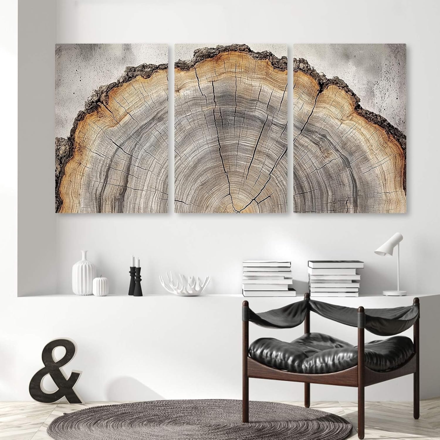 Findbeauty Oak Tree Ring Canvas Wall Art, Tree Stump Canvas Print, Retro Wood Stump Wall Decor, Abstract Nature Wall Art, Neutral Modern Decor for Living Room, Bedroom, Farmhouse (16" x 24" x 3 pcs)
