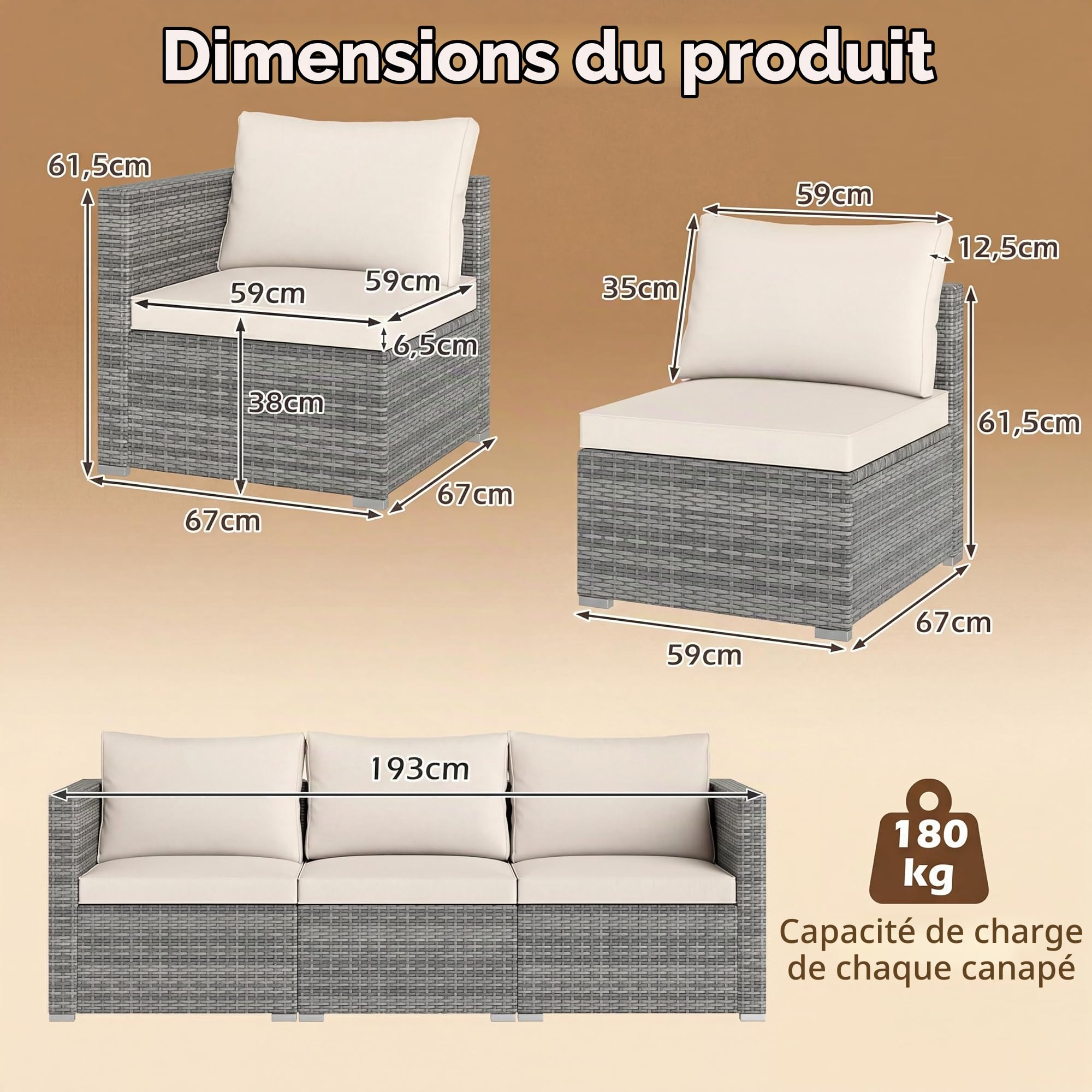 Giantex Ensemble Canapé de Jardin 3 Pièces, Canapé Extérieur en Rotin PE, Coussins Rembourrés, Salon de Jardin Exterieur pour Patio, Véranda, Balcon, 193 x 67 x 61,5 cm, Gris+Blanc
