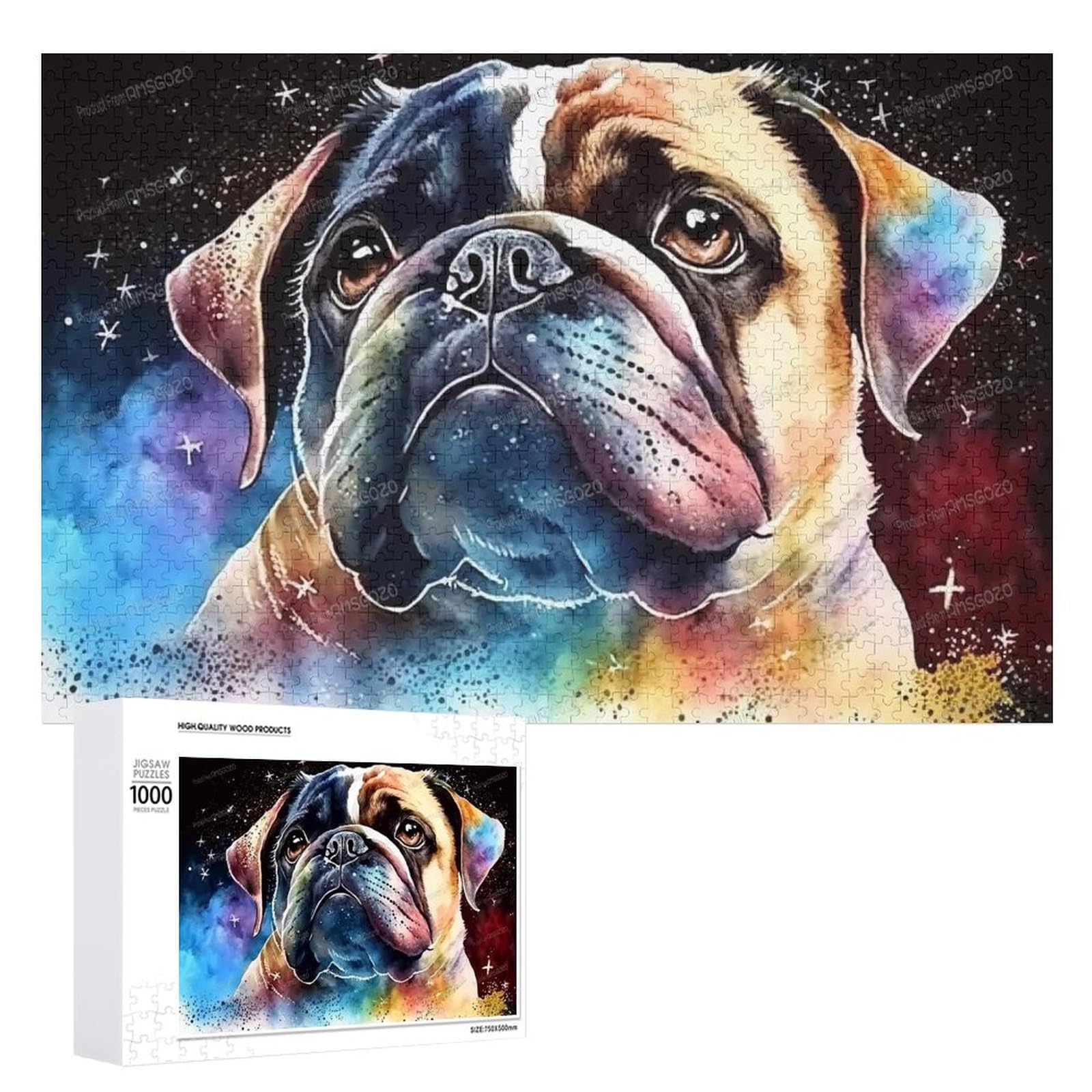 Animal 1000 Pieces Puzzles for Kids - Colored Starry Pug Puzzles - Adult 3D Eco Friendly Wooden Jigsaw Puzzle, Interactive Puzzle Toys Teens, Each Piece is Unique