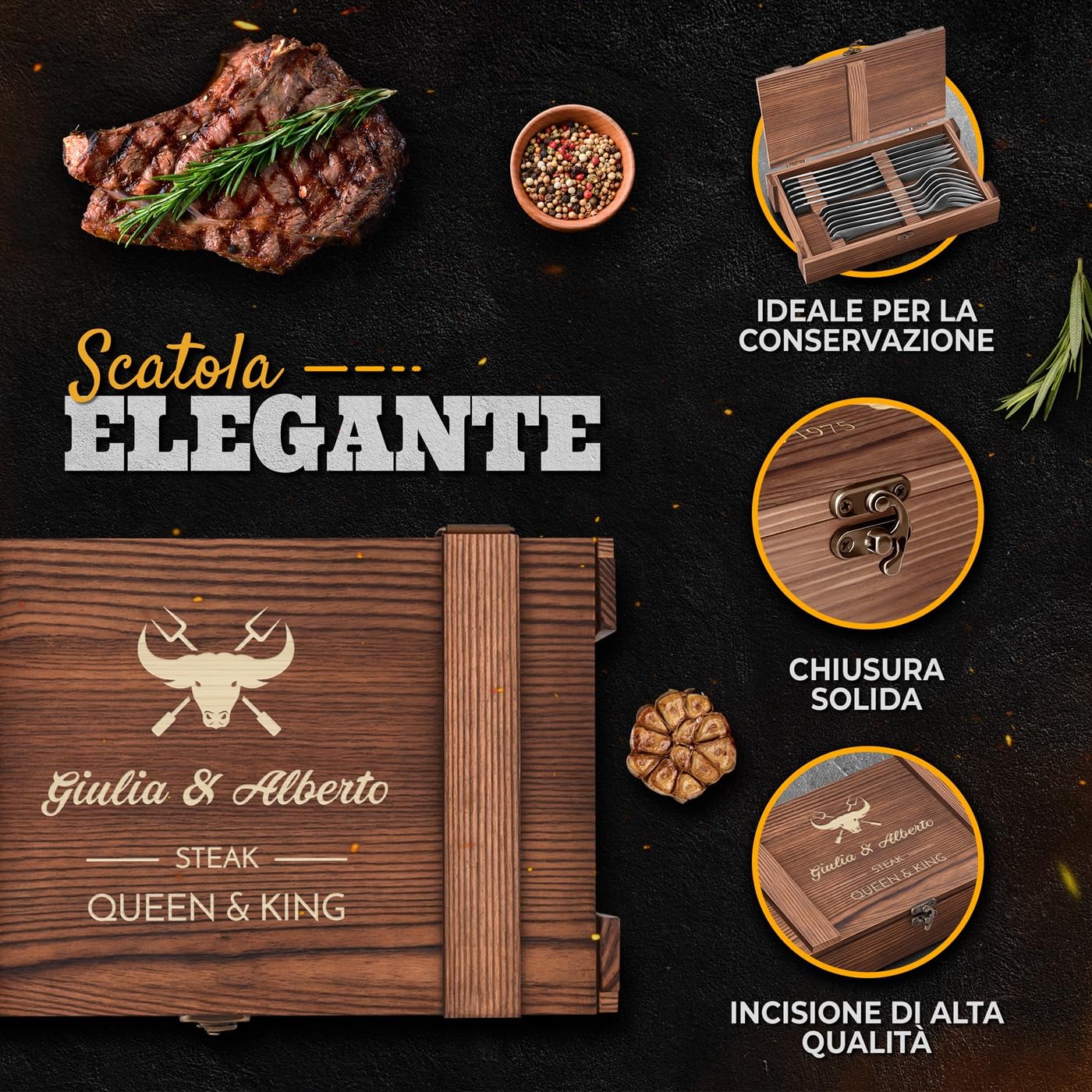 Maverton Set Posate in Scatola Legno di Pino - Portaposate 6 Coltelli e 6 Forchette - Scatola regalo Personalizzata - Idee regalo donna compleanno o regali coppia - 26x16,5x6