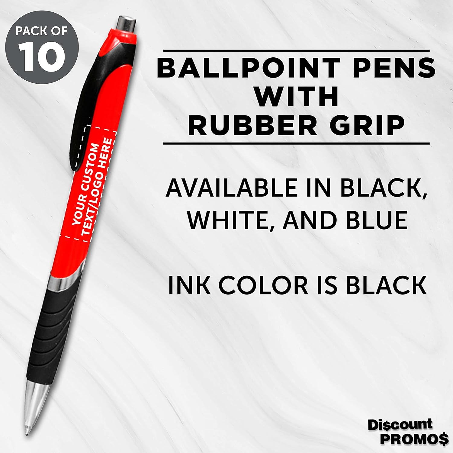 DISCOUNT PROMOS Ballpoint Pens With Rubber Grip - 10 pack - Customizable Text, Logo - Black Ink Ball Point Pen with Soft Touch Plastic - Red