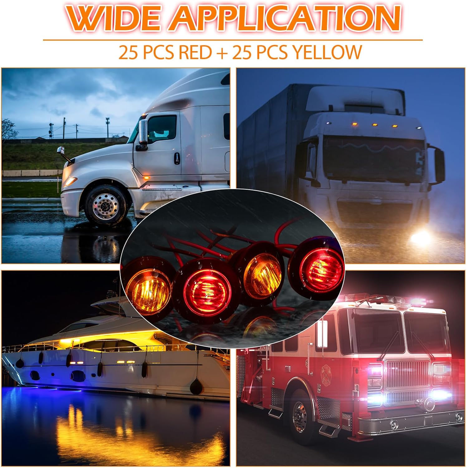 Tallew 50 Pieces 3/4'' Round LED Side Marker Lights, 3 LEDs Front Rear Side Indicator Lights Yellow and Red Turn Signal Lights IP68 Waterproof Lamp for Truck Trailer Lorry Bus Caravan Boat, 12V