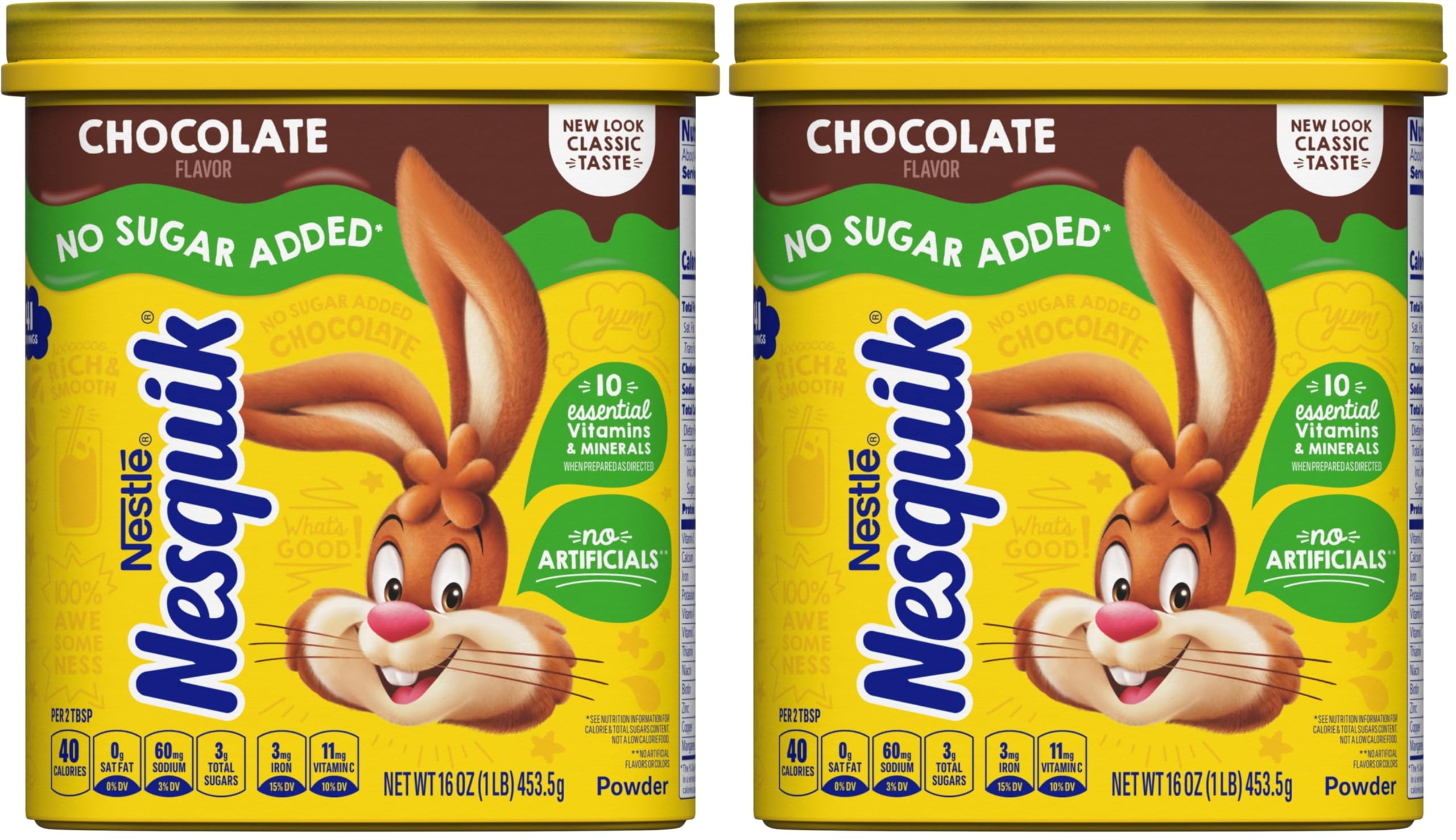 NESTLE NESQUIK No Sugar Added Chocolate Flavored Powder 16 oz. Canister (Pack of 2)