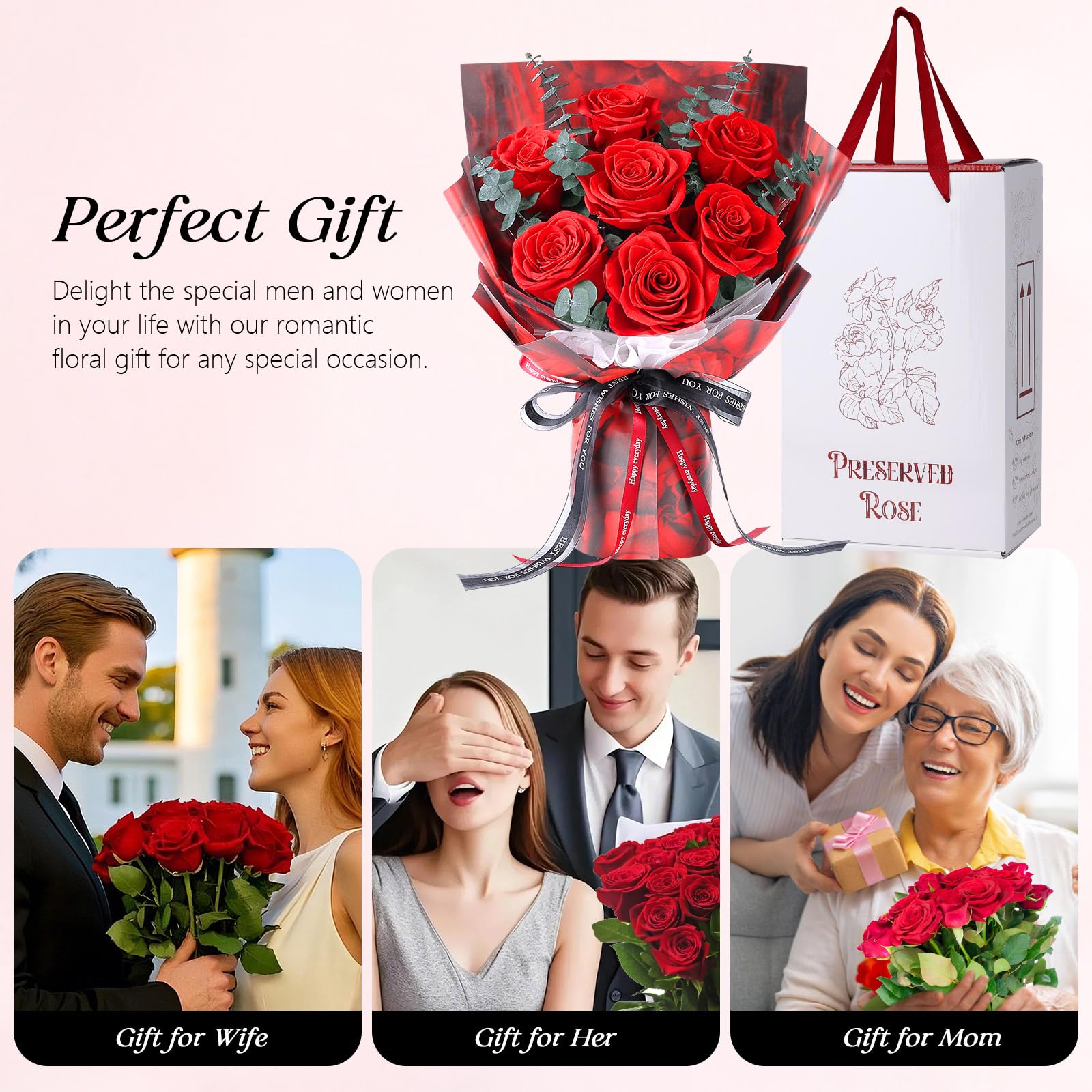 Bouquet di 7 Rose Rosse con Vaso, Rosa Stabilizzata, Fiori Eterni Conservati, Regali per Donna, Mamma, Moglie, Fidanzata, per Compleanno, Anniversario, San Valentino, Festa della Mamma
