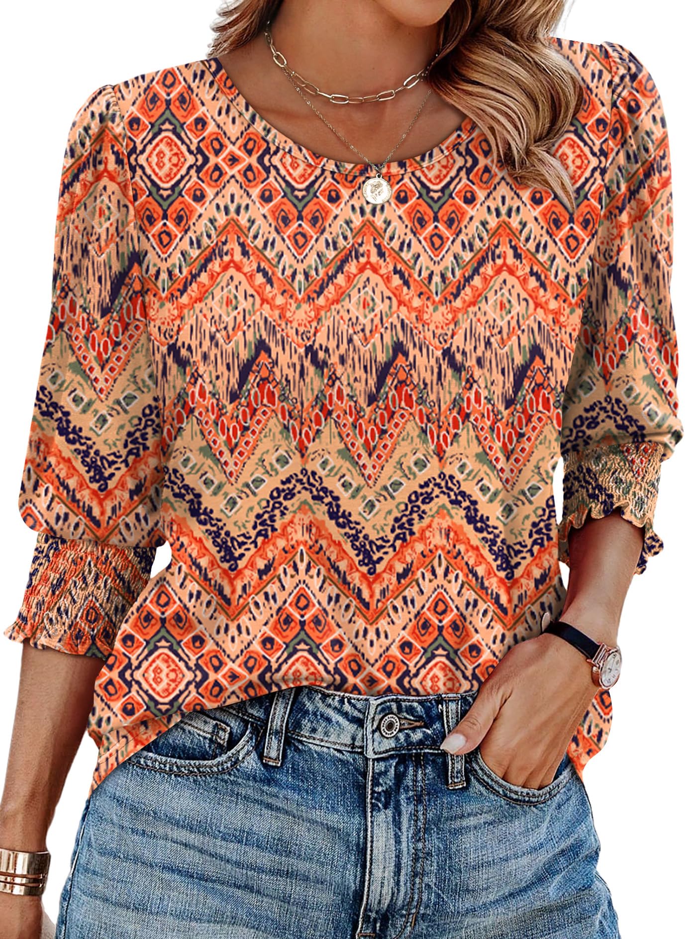XIEERDUO Blouses for Women Dressy Casual 3/4 Length Sleeve Womens Tops with Smocked Cuffs