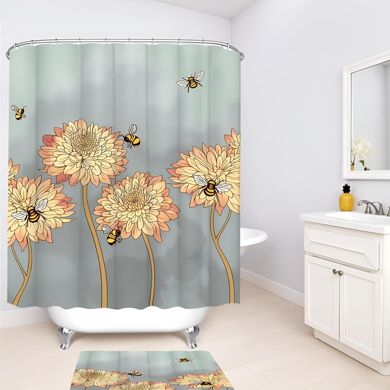 Bee Shower Curtain Bumble Bee Honeybees and Flowers Bath Curtain Rustic Floral Bathroom Decor with Hooks 72"x72"