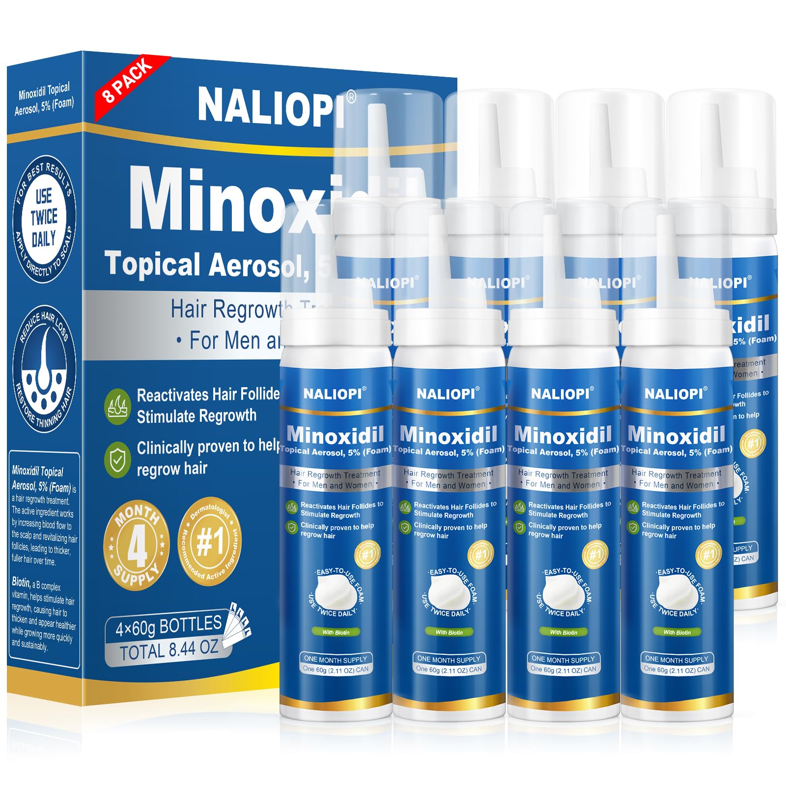 8 Pack 5 Minoxidil Foam for Men Women Hair Regrowth Treatment Extra Strength Biotin-Infused Unscented 8 Bottles 60ml