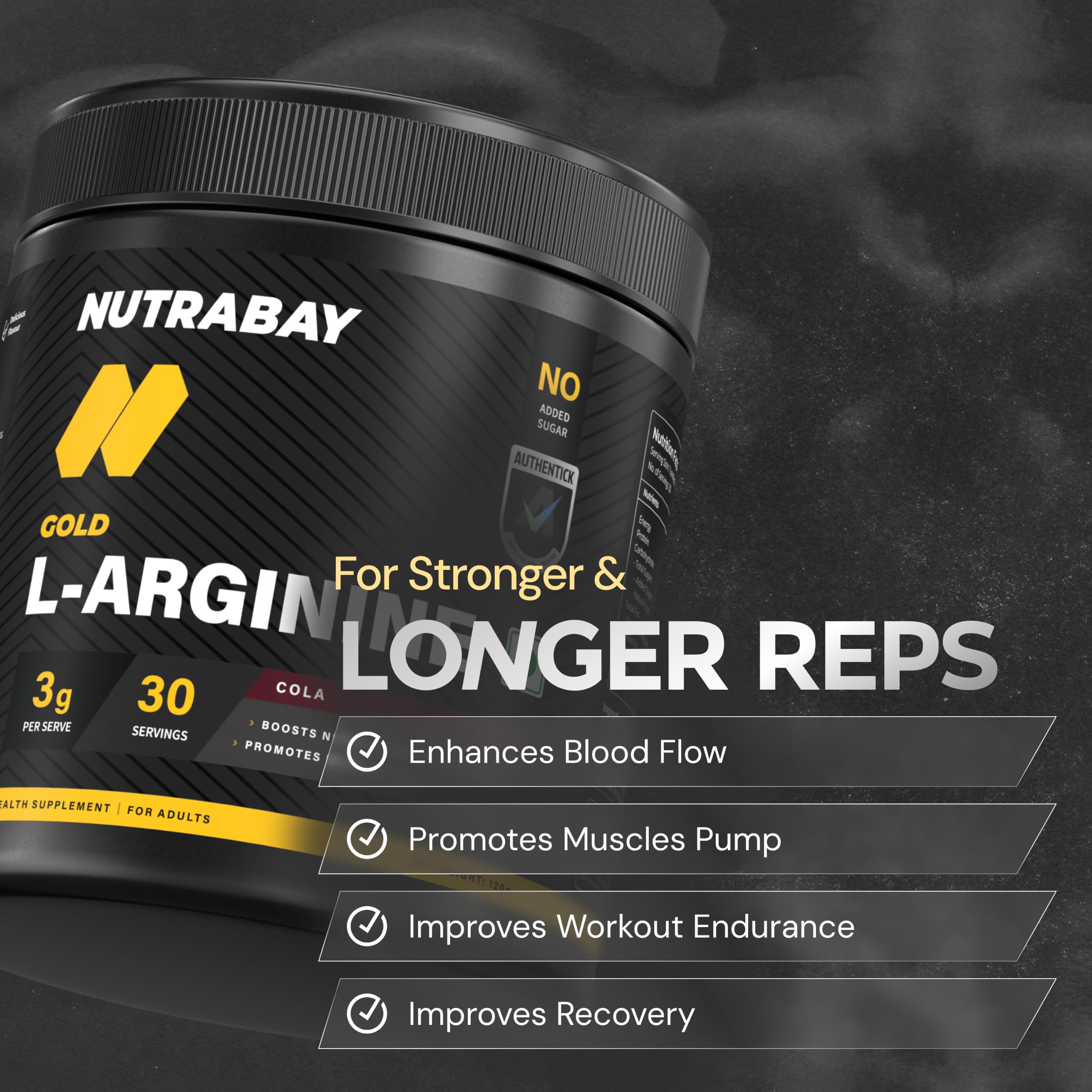 Nutrabay Gold L-Arginine Supplement Powder 120g, Cola Flavor – Pre Workout Amino Acid for Endurance, Muscle Building & Faster Recovery | Tested for Purity | Authentic — Amazon image 4