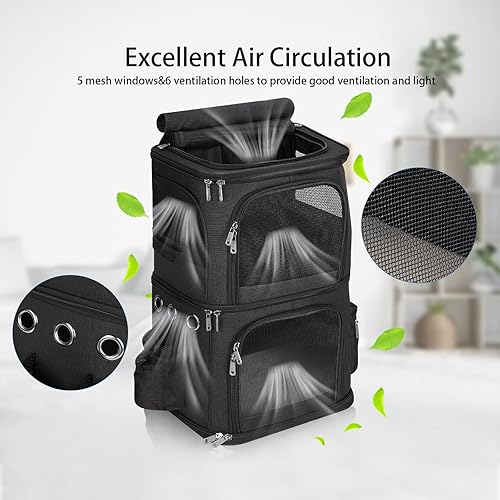 Vista 11 de Mochila transportadora de mascotas de doble compartimento para gatos pequeños y perros, transportador de viaje para gatos para 2 gatos, perfecta Gris