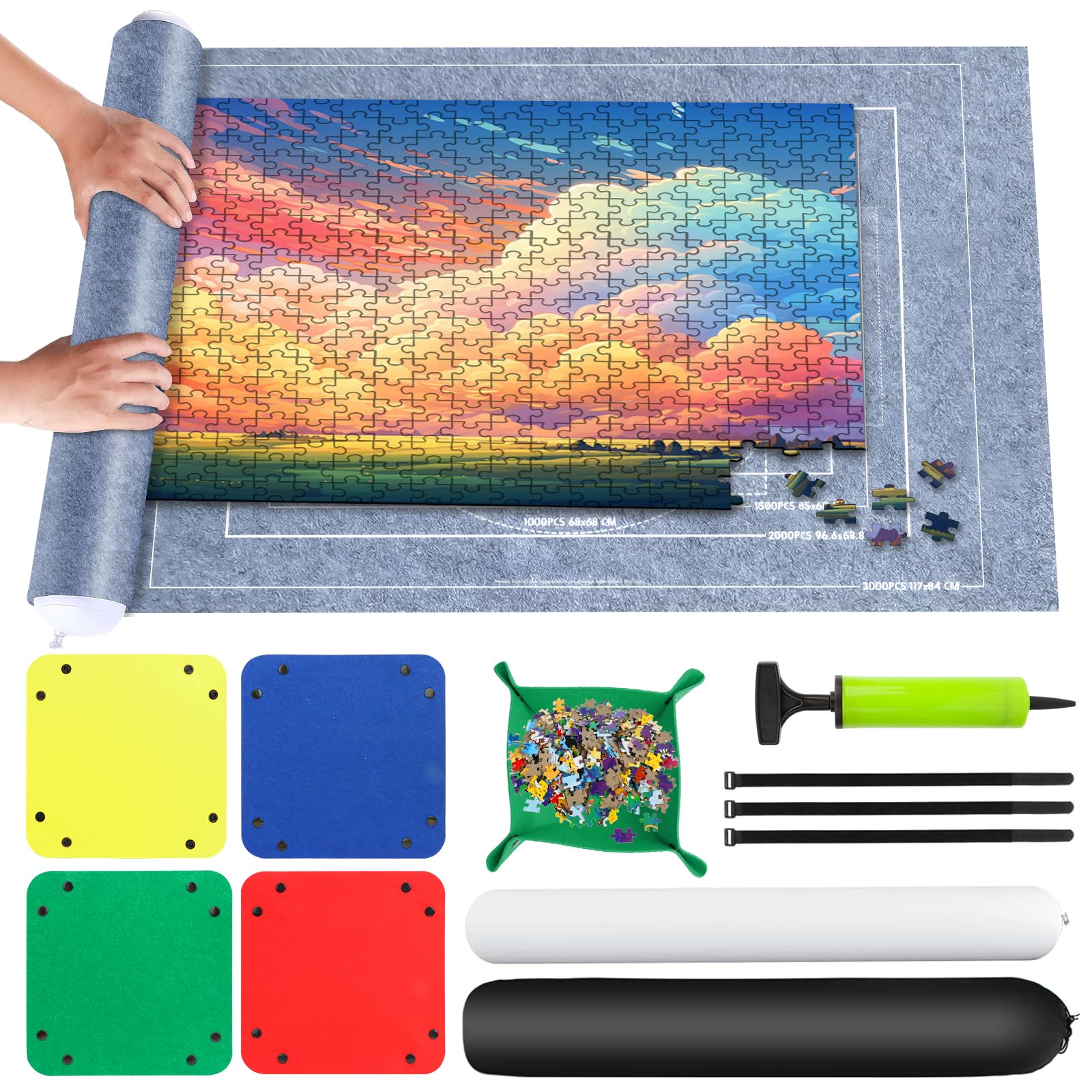 Tappetino Puzzle In Feltro Portatile Con Tubo E Vassoi – Adatto Fino A 2000 Pezzi (120x80 Cm, Nero)