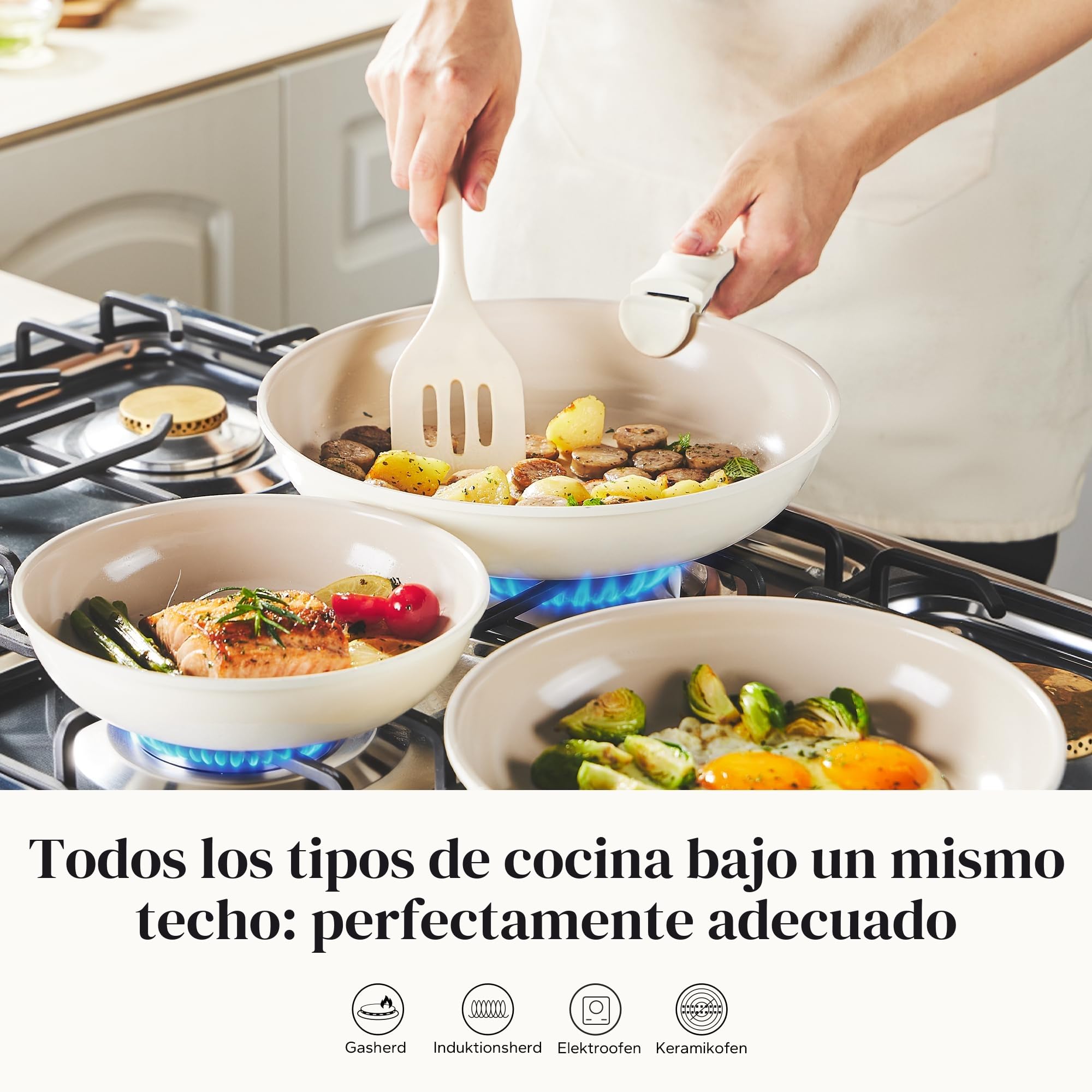 Redchef Juego de Ollas 6 Piezas sartenes Cerámicas, Sartén Cerámica con Granito Antiadherente, Apta para Inducción 20, 24, 28 cm, Ahorra Espacio, Sin Ptfe & Pfoa & Pfas, Horno y Lavavajillas, Beige