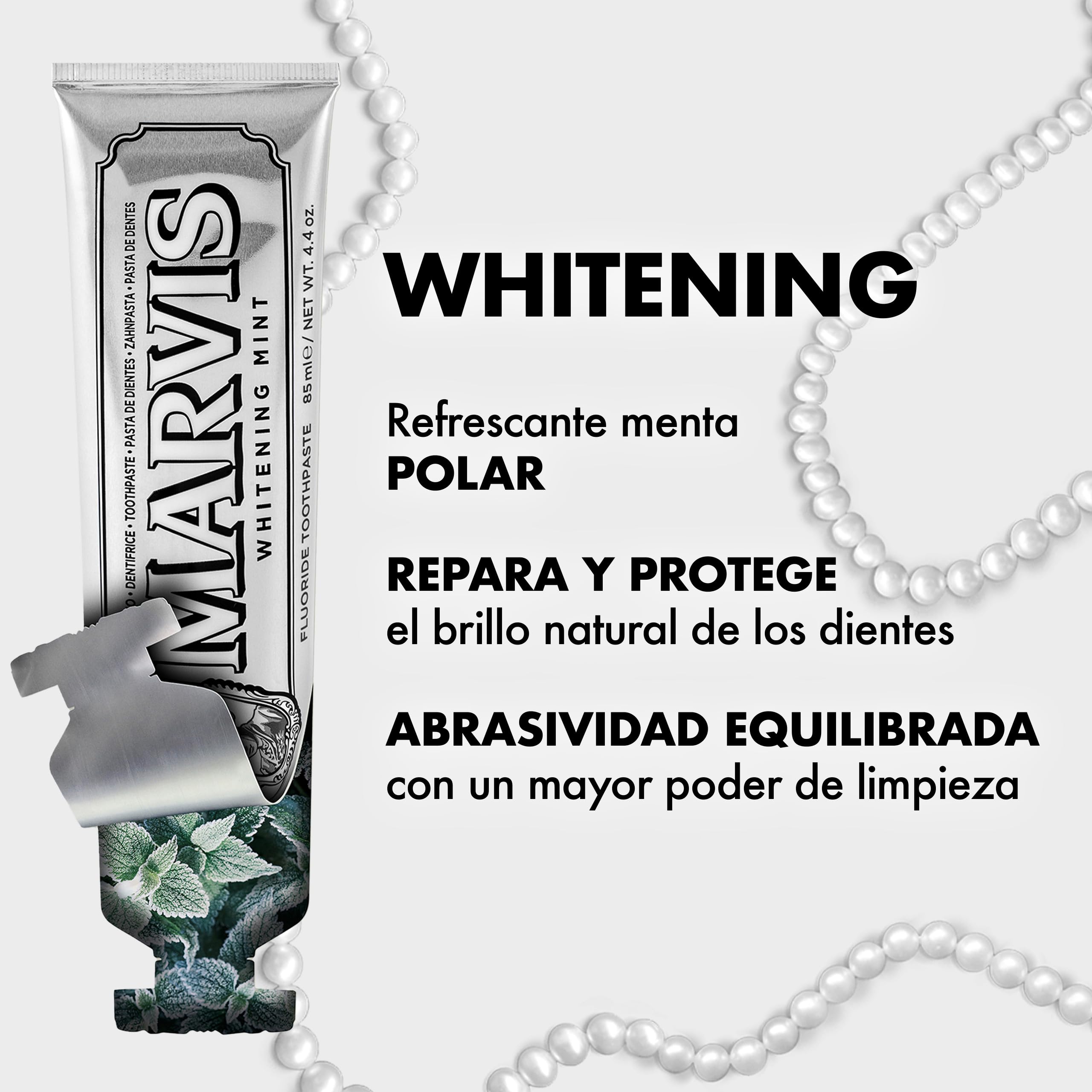 Marvis Pasta de dientes blanqueante de menta, 85 ml, gel dentífrico para un blanqueamiento natural, pasta dental refrescante que elimina la placa