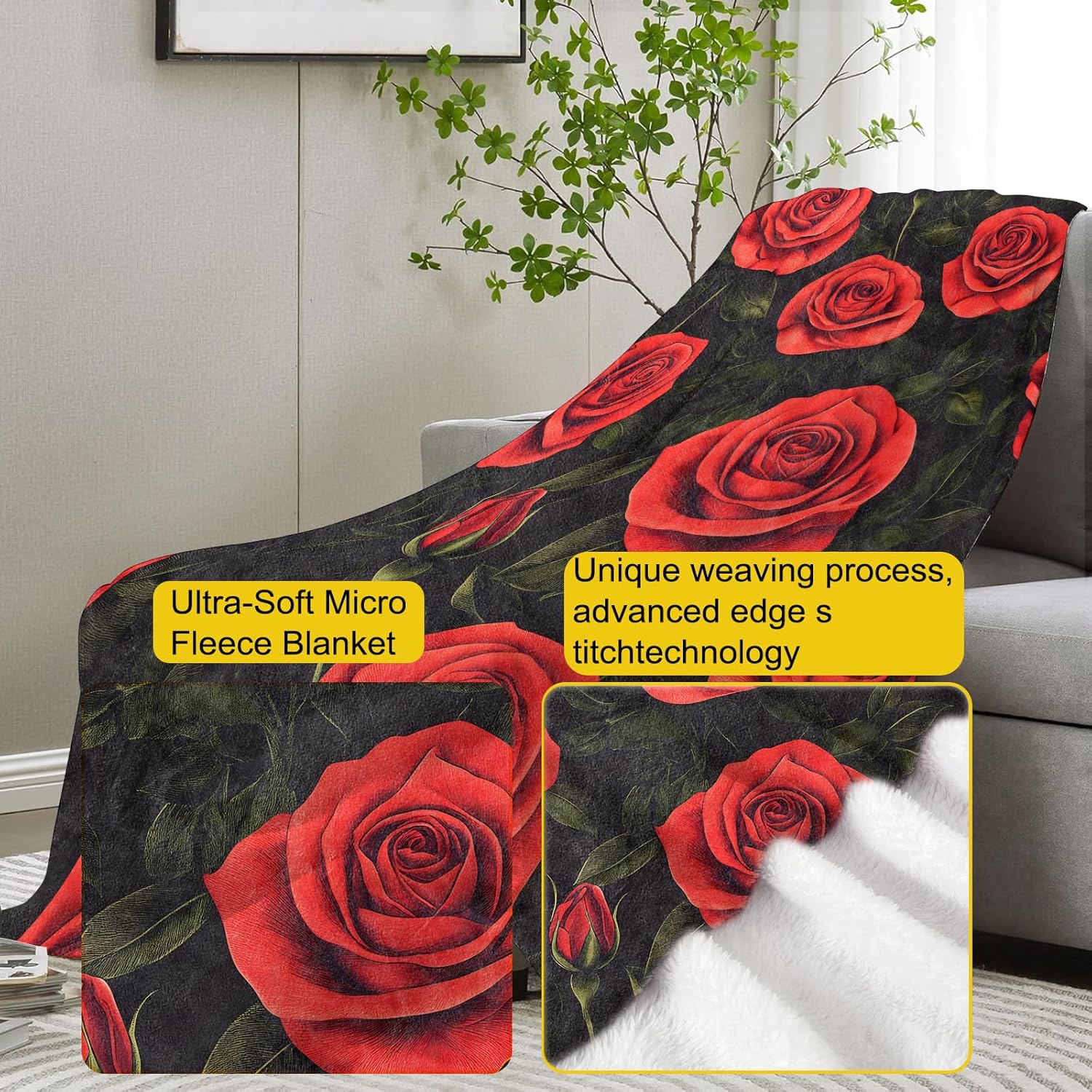 Red Roses Flannel Blanket, Floral Gifts, Floral-Themed Blanket for Women, Soft Lightweight Throw Blankets for Bed Home Travel Decor 50" x 60" - Image 3