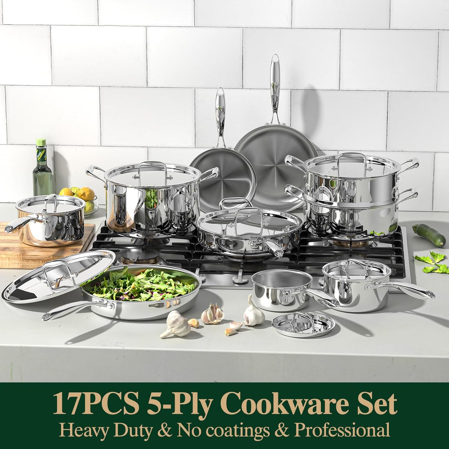 Umite Chef 17Pcs 5 Ply Clad Stainless Steel Cookware Set with Lids, Heavy Duty Pots and Pans Kitchen Set, Induction-Ready, Dual Aluminum Core for Even Heat, Cool Grip Handles, Dishwasher Safe