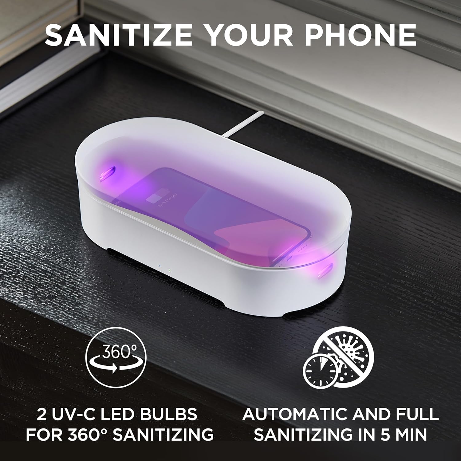 Lexon UV Phone Sanitizer Machine & Wireless Charger - OBLIO Box QI Fast Charging and 360° UV-C Light Cellphone Cleaner, Glasses, Keys, Makeup Brush, Tools, All That Fits in - Black