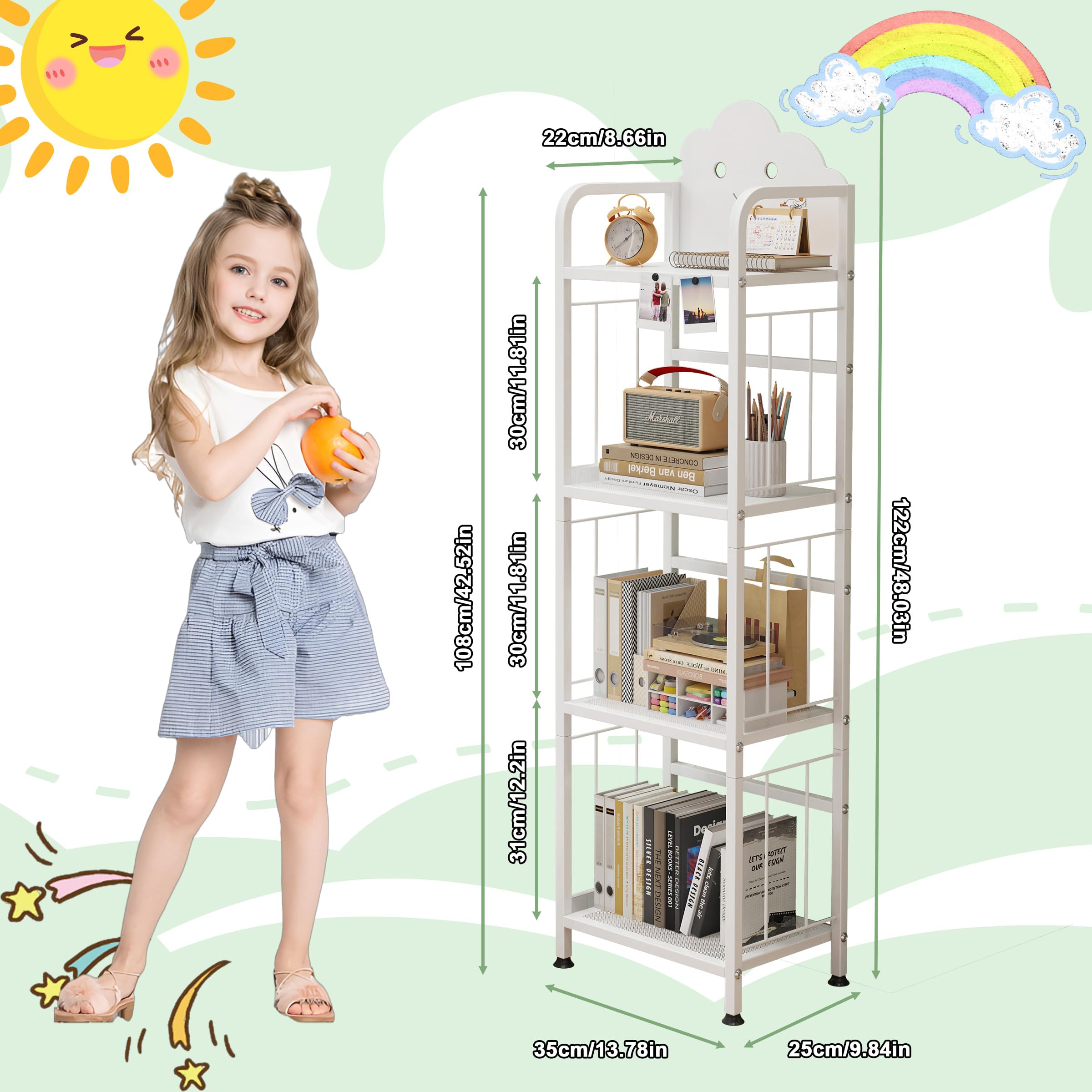 Cute Metal Kinderregal, 4 Etagen Bücherregal Aufbewahrungsregal für Kinder, Standregal mit Magnetische Buchstützen, Büro Arbeitszimmer, Kinderzimmer (Weiß)