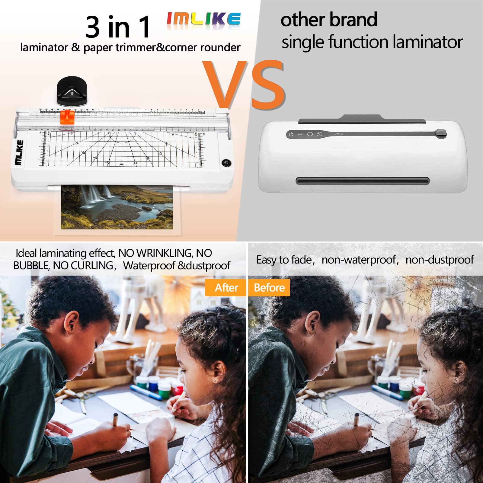 IMLIKE Macchina di laminazione A4 con taglierina di carta: 6 in 1 laminatrice calda con 10 fogli di laminazione, arrotondatrice angolare, 5 anelli di rilegatura, perforatrice a foro singolo,